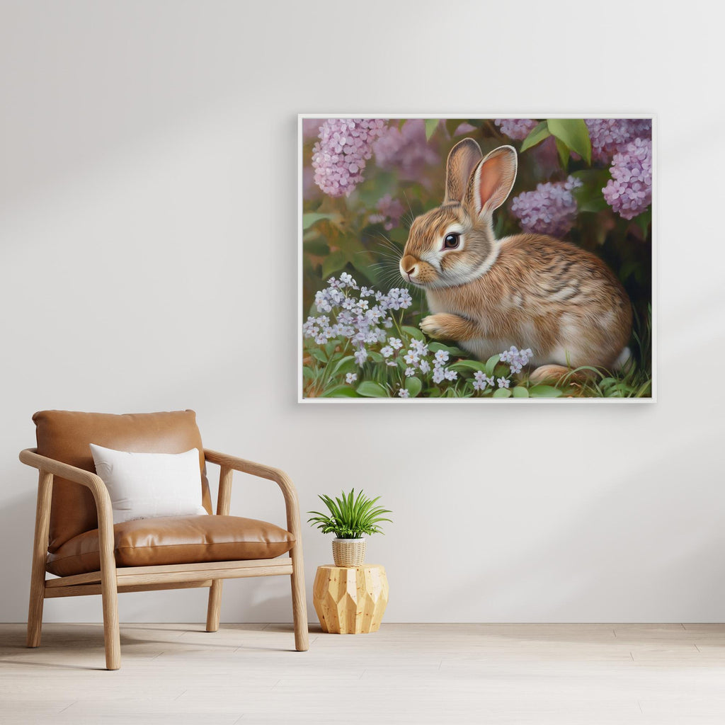 Rabbit in Lilacs Framed Canvas Print | Cute Woodland Wall Art - Framed Pop Art