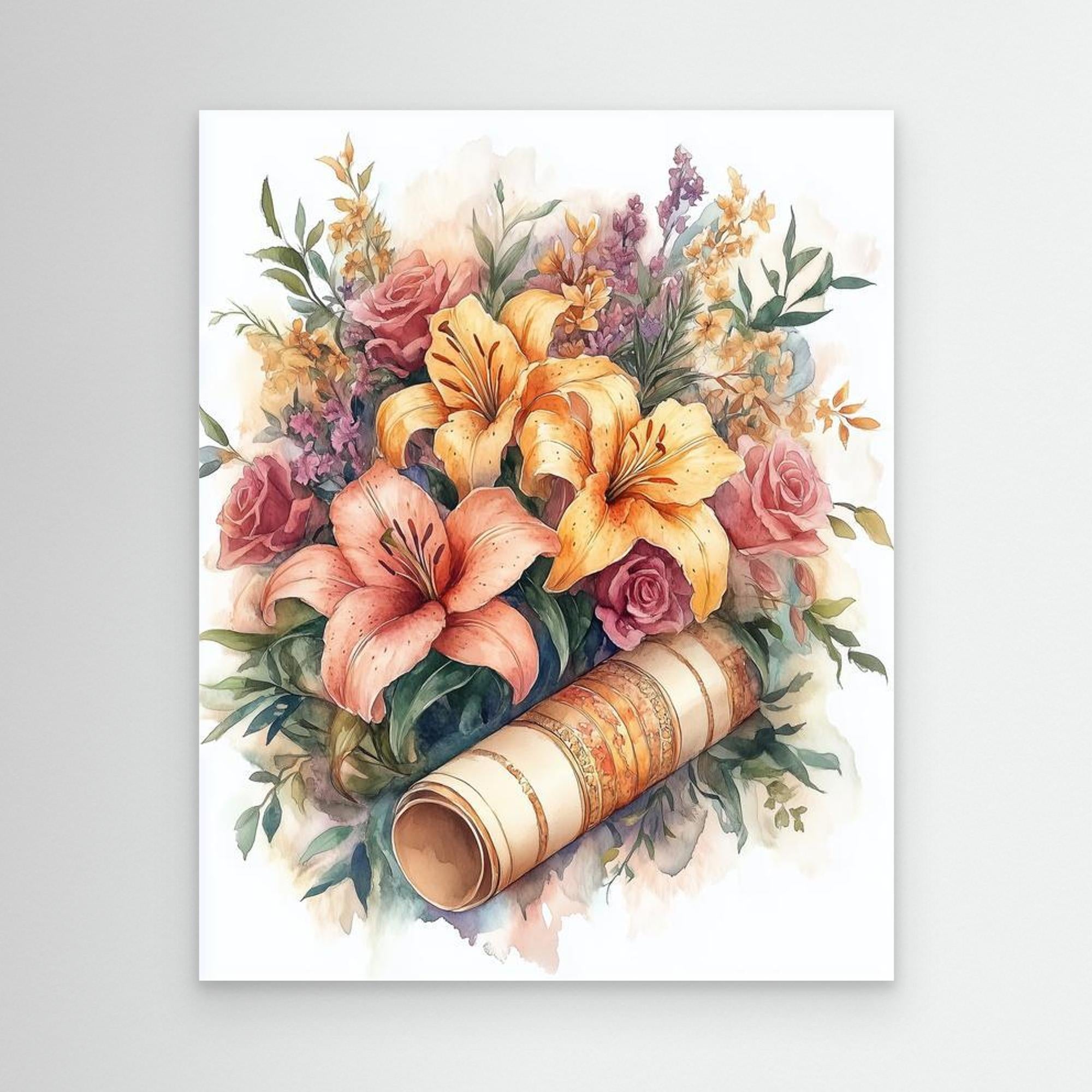 Vintage Lily & Rose Watercolour Floral Wall Art Print