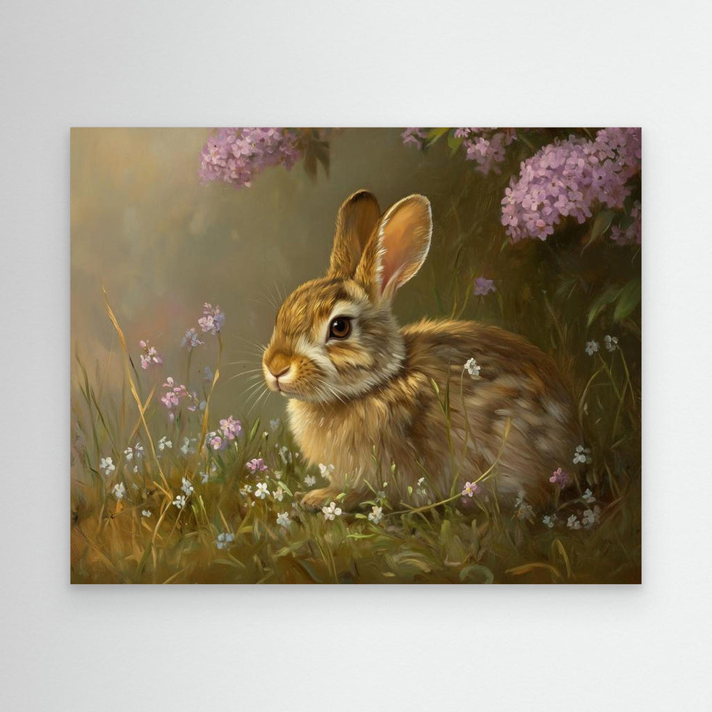 Brown Rabbit & Wildflowers Canvas Wall Art | Country Nursery - Framed Pop Art