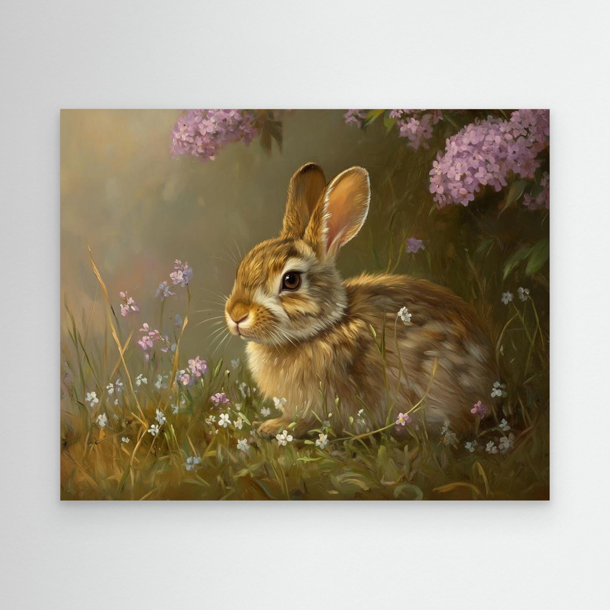 Brown Rabbit & Wildflowers Canvas Wall Art | Country Nursery - Framed Pop Art