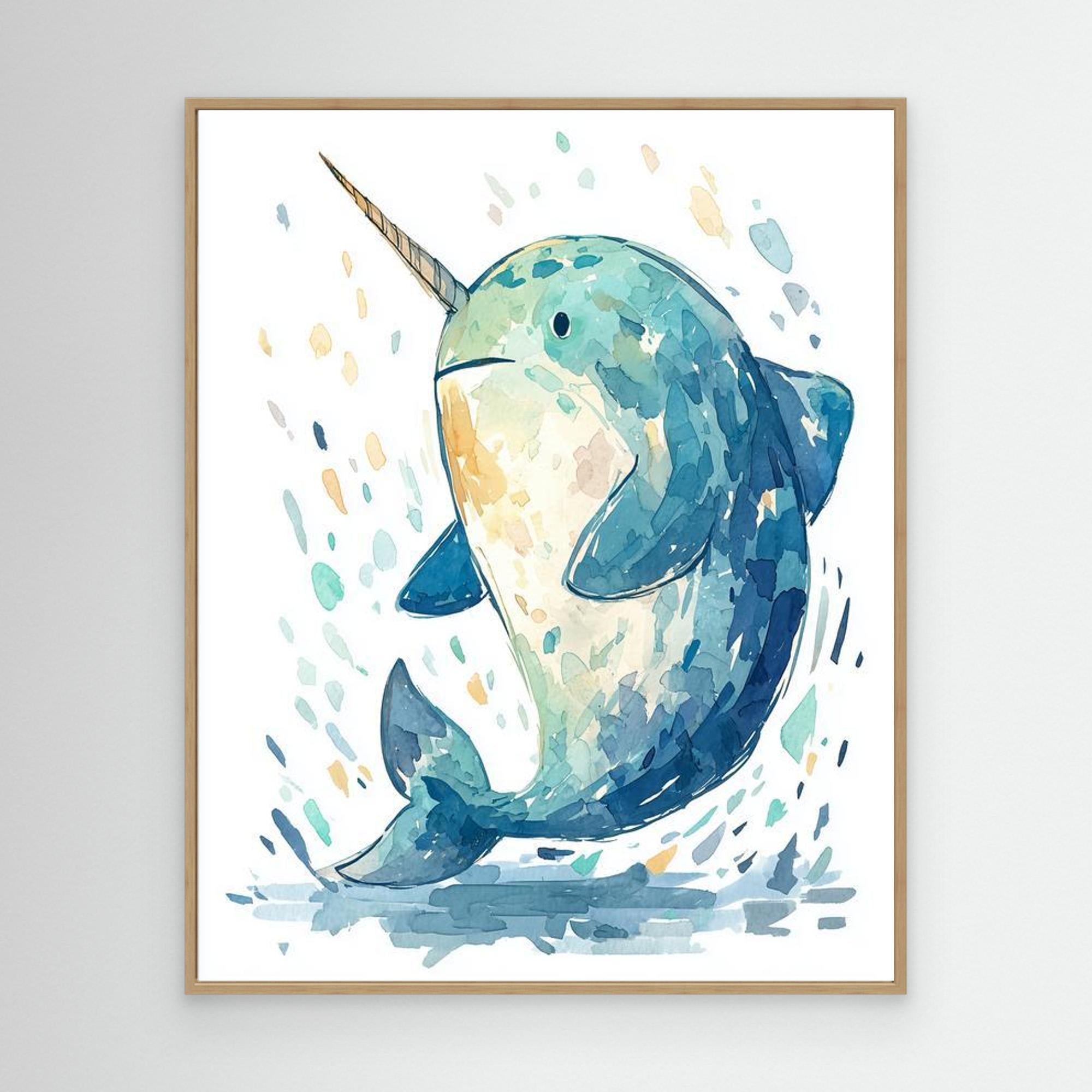 Whimsical Watercolor Narwhal Wall Art | Cute Nursery Print - Framed Pop Art