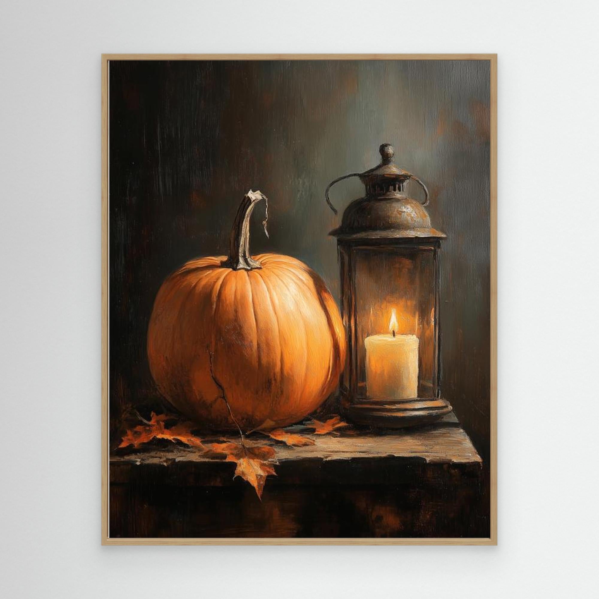 Rustic Autumn Pumpkin & Lantern Canvas Wall Art - Framed Pop Art