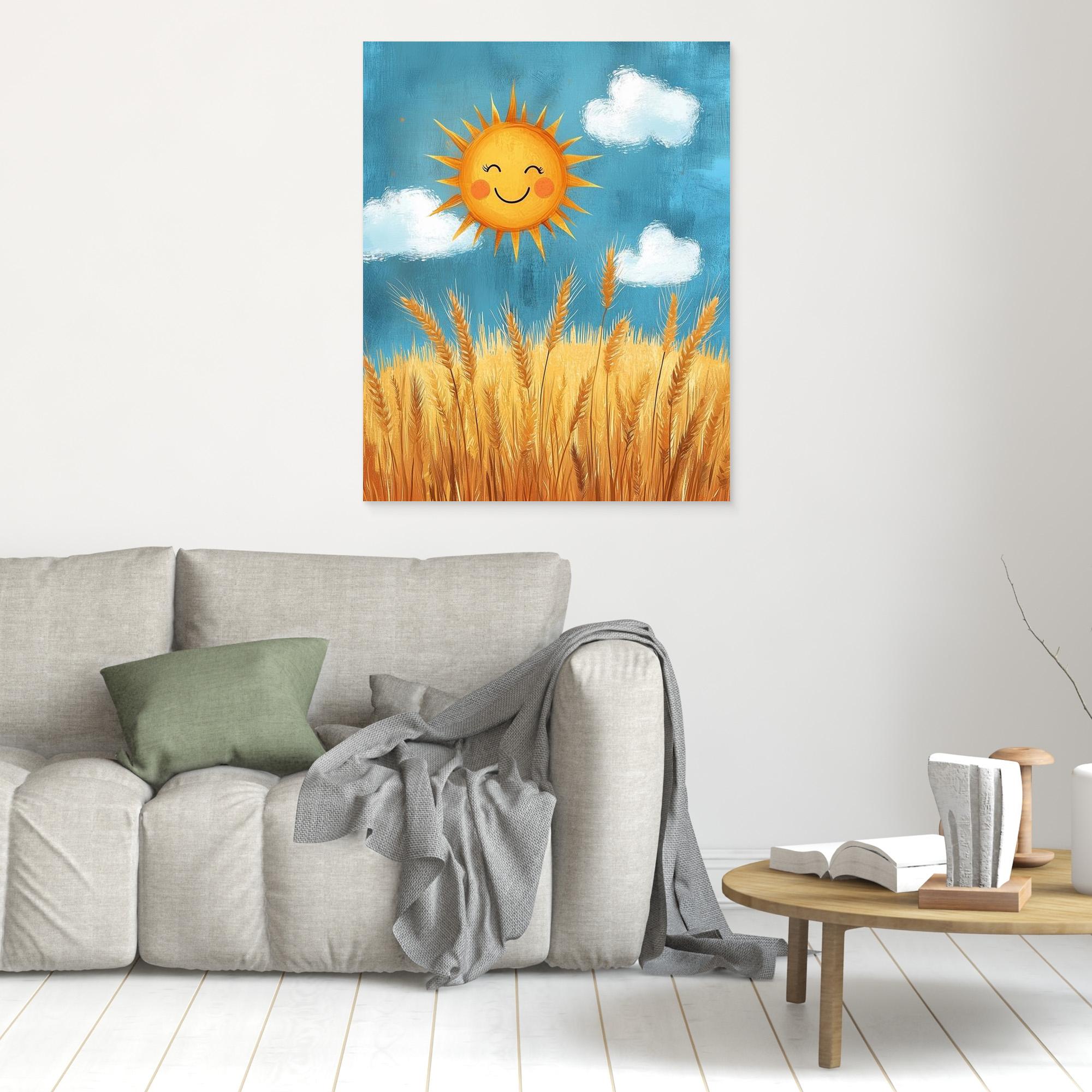Happy Sun & Wheat Field Canvas Art | Cheerful Wall Decor - Framed Pop Art