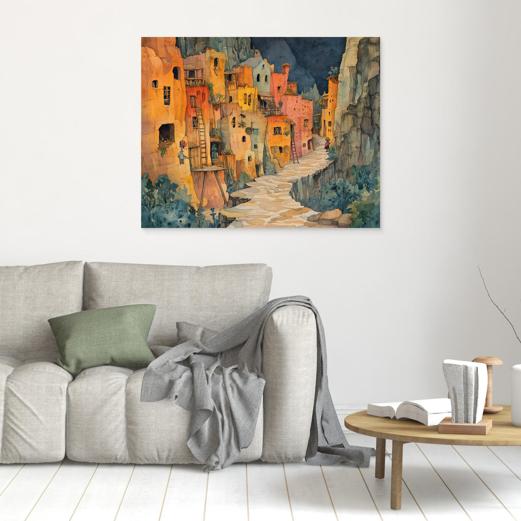 Watercolour Cliffside Village Canvas Print Hallway Art - Framed Pop Art
