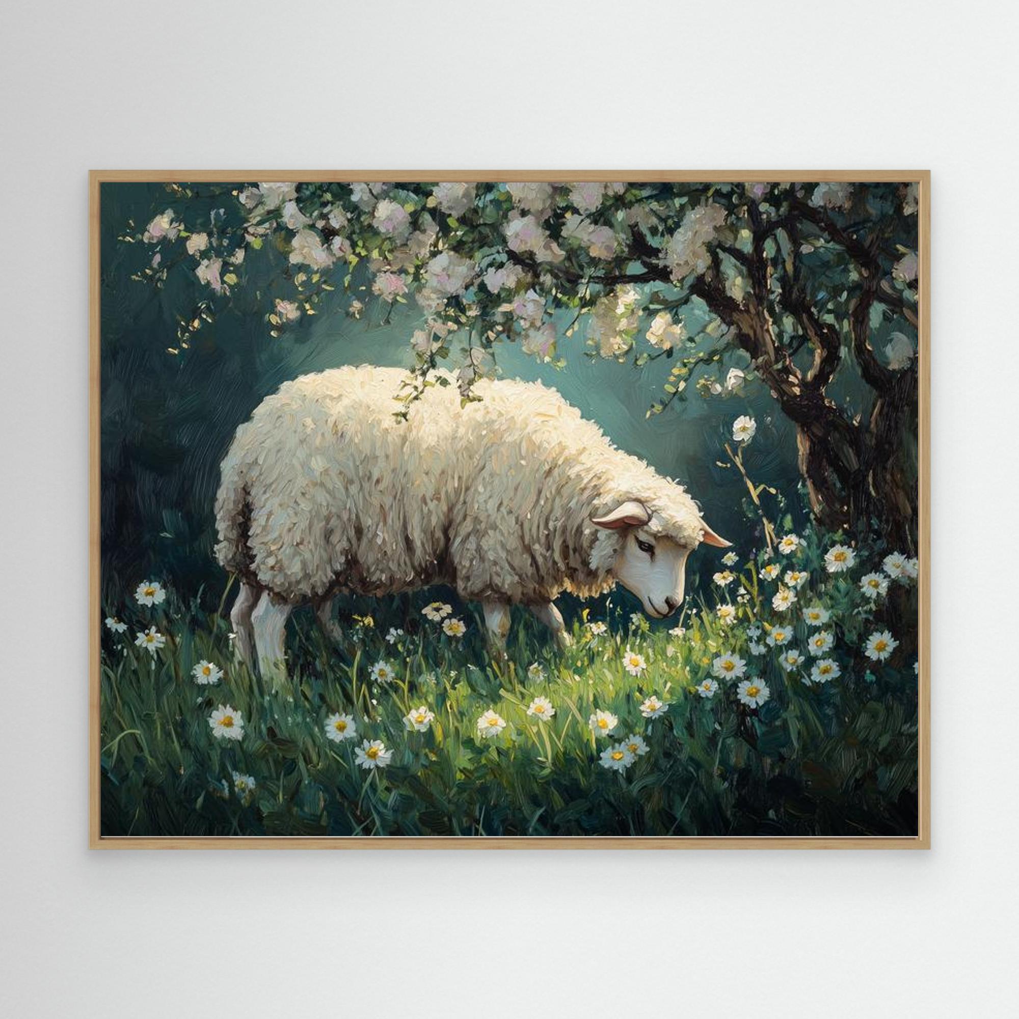 Sheep in Daisy Meadow Oil Painting Style Canvas Print - Framed Pop Art