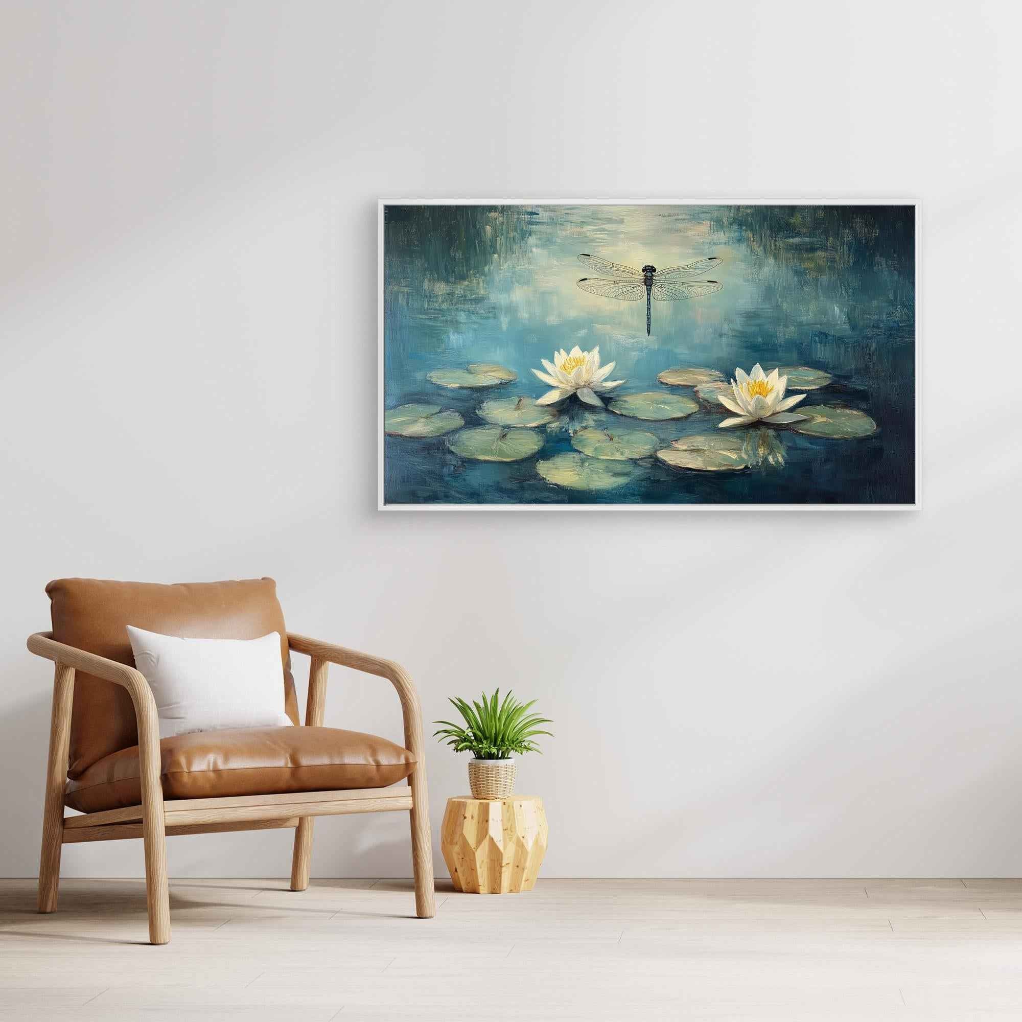 Dragonfly & Water Lily Canvas Art | Zen Bedroom Wall Decor