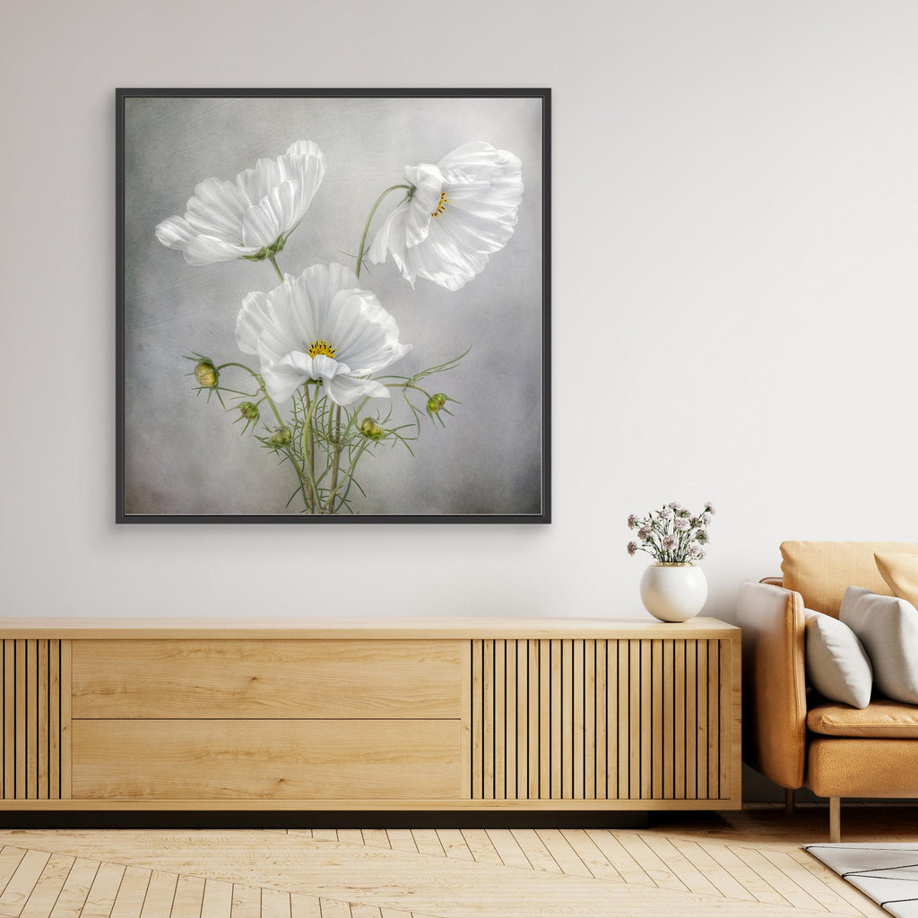 Hallway Wall Art – White Cosmos Floral Canvas Print - Framed Pop Art