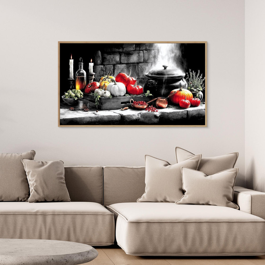 Witchy Harvest Cauldron & Pumpkin Canvas Art Print - Framed Pop Art