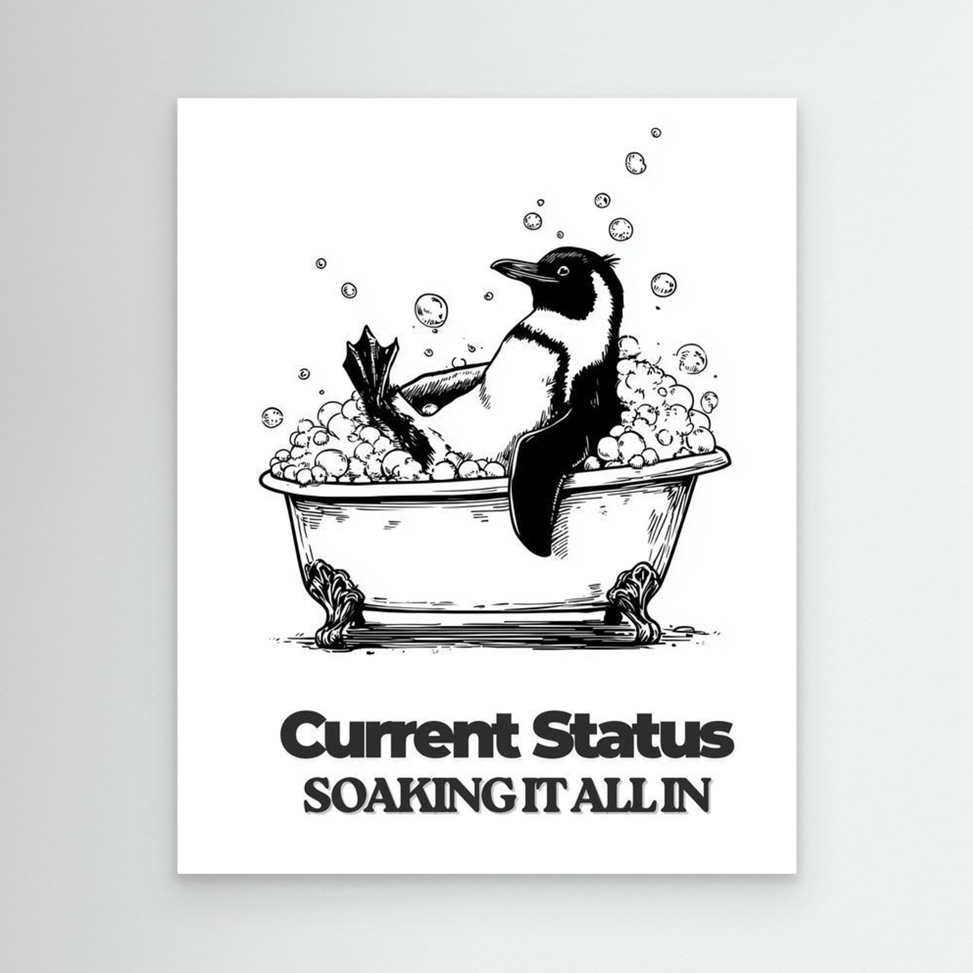 Penguin in a Bathtub Wall Art | Fun Bathroom Decor