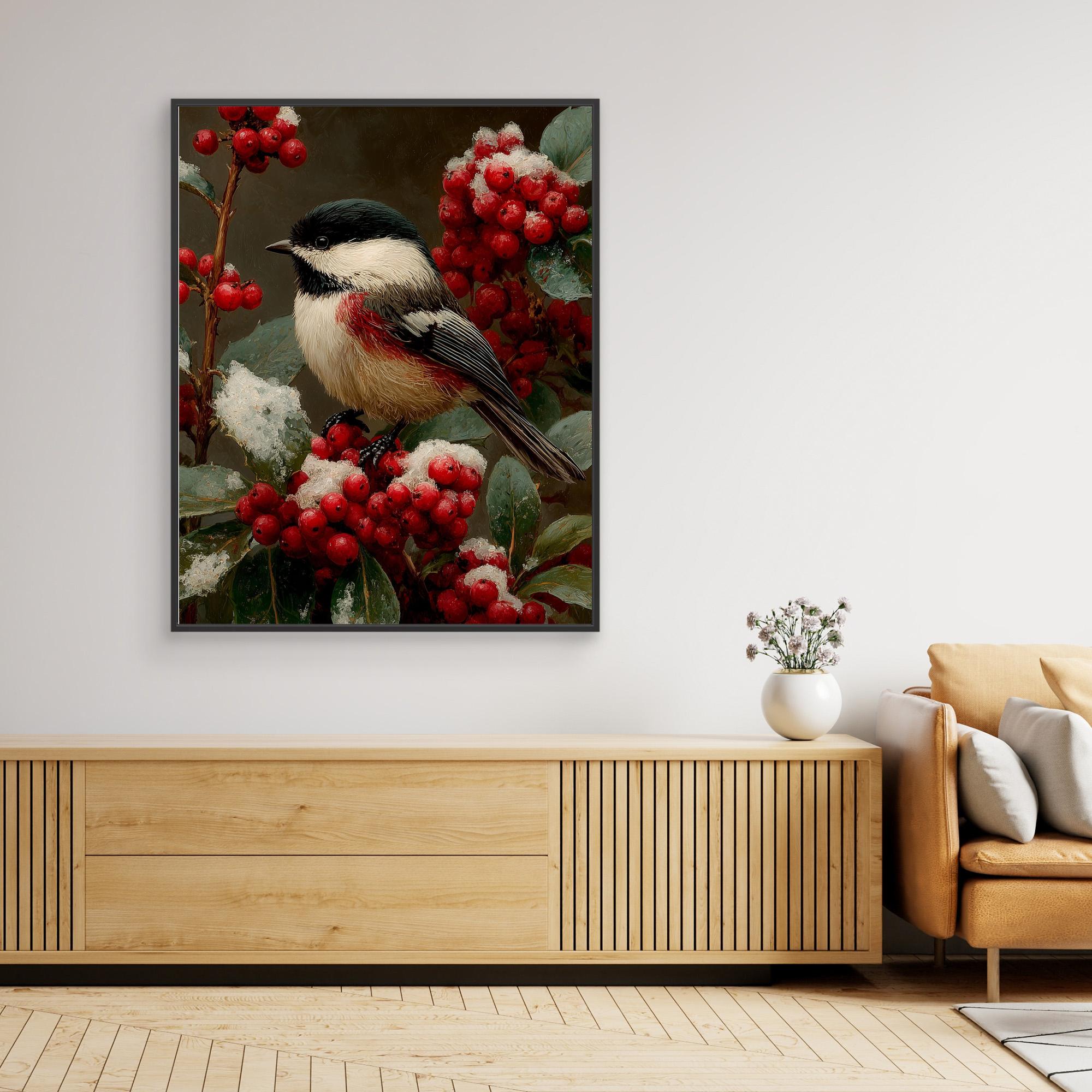 Hallway Bird Wall Art – Chickadee & Red Berries Canvas - Framed Pop Art