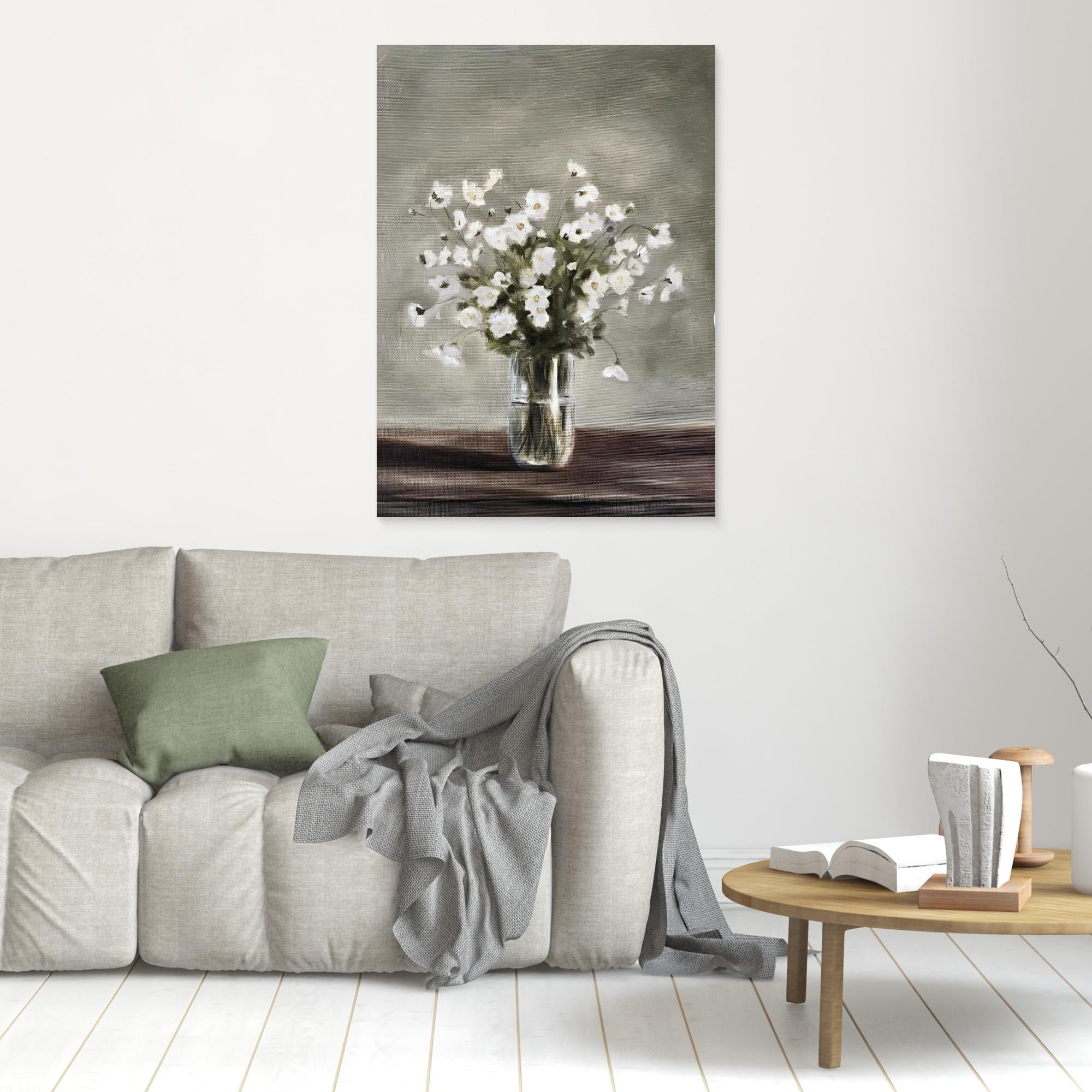 White Floral Still Life Painting | Hallway Wall Art - Framed Pop Art