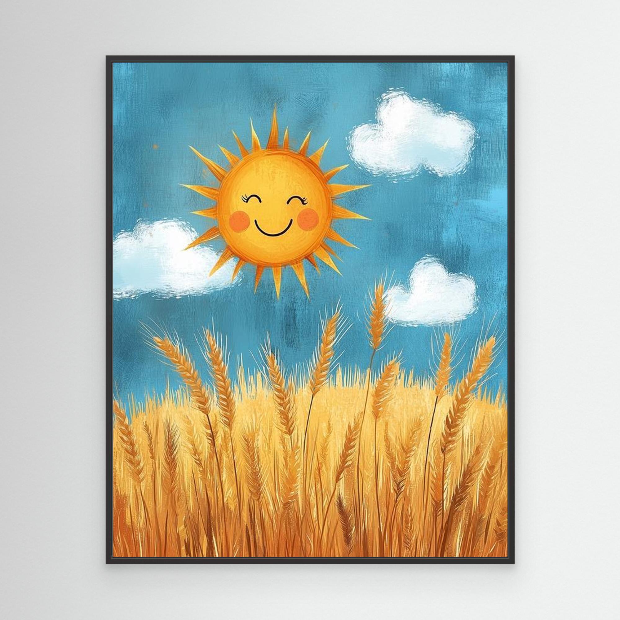 Happy Sun & Wheat Field Canvas Art | Cheerful Wall Decor - Framed Pop Art