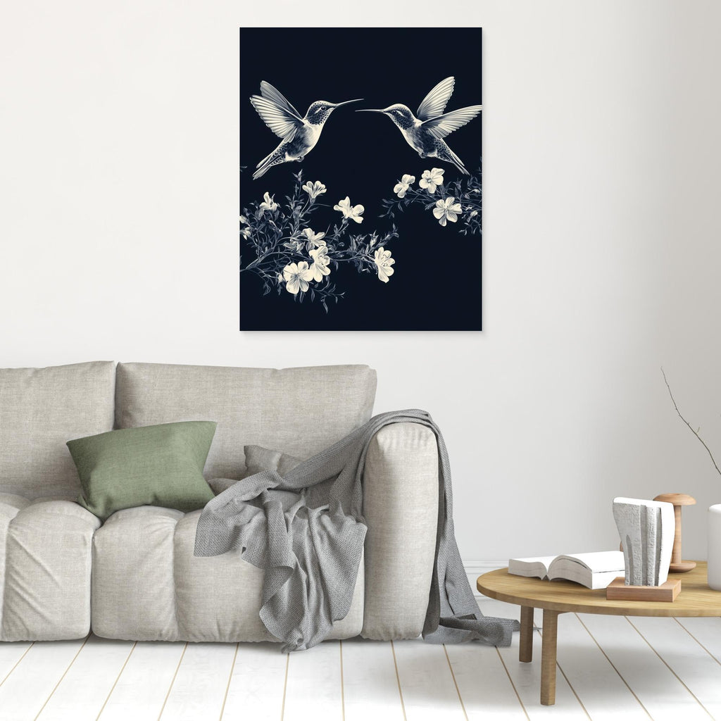 Navy Hummingbird & Floral Wall Art | Botanical Nursery Decor - Framed Pop Art