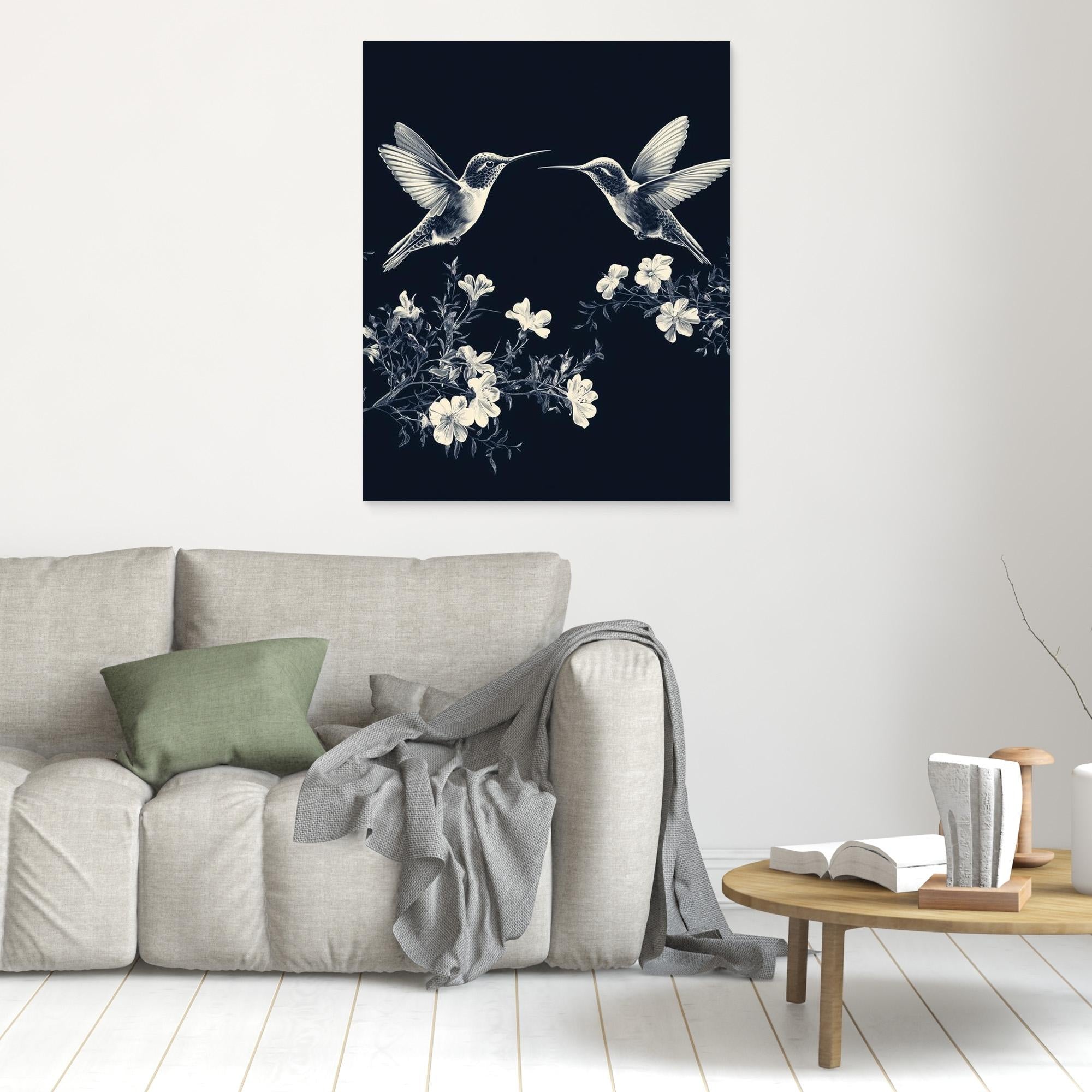 Navy Hummingbird & Floral Wall Art | Botanical Nursery Decor - Framed Pop Art