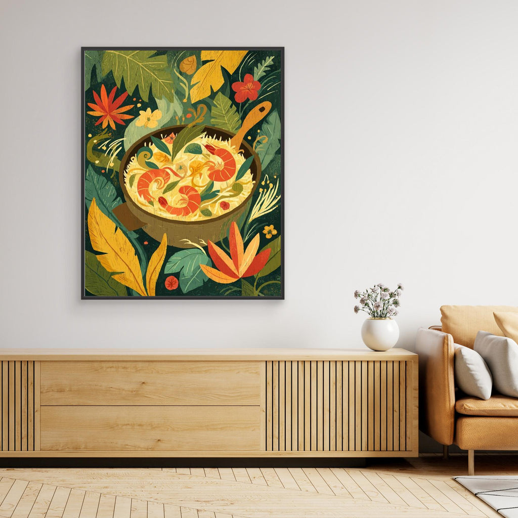 Tropical Prawn Noodle Pot Jungle Kitchen Canvas - Framed Pop Art