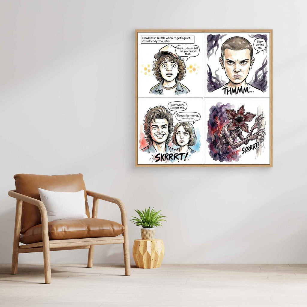 Stranger Things Fan Art Canvas | Hawkins Comic Print - Framed Pop Art