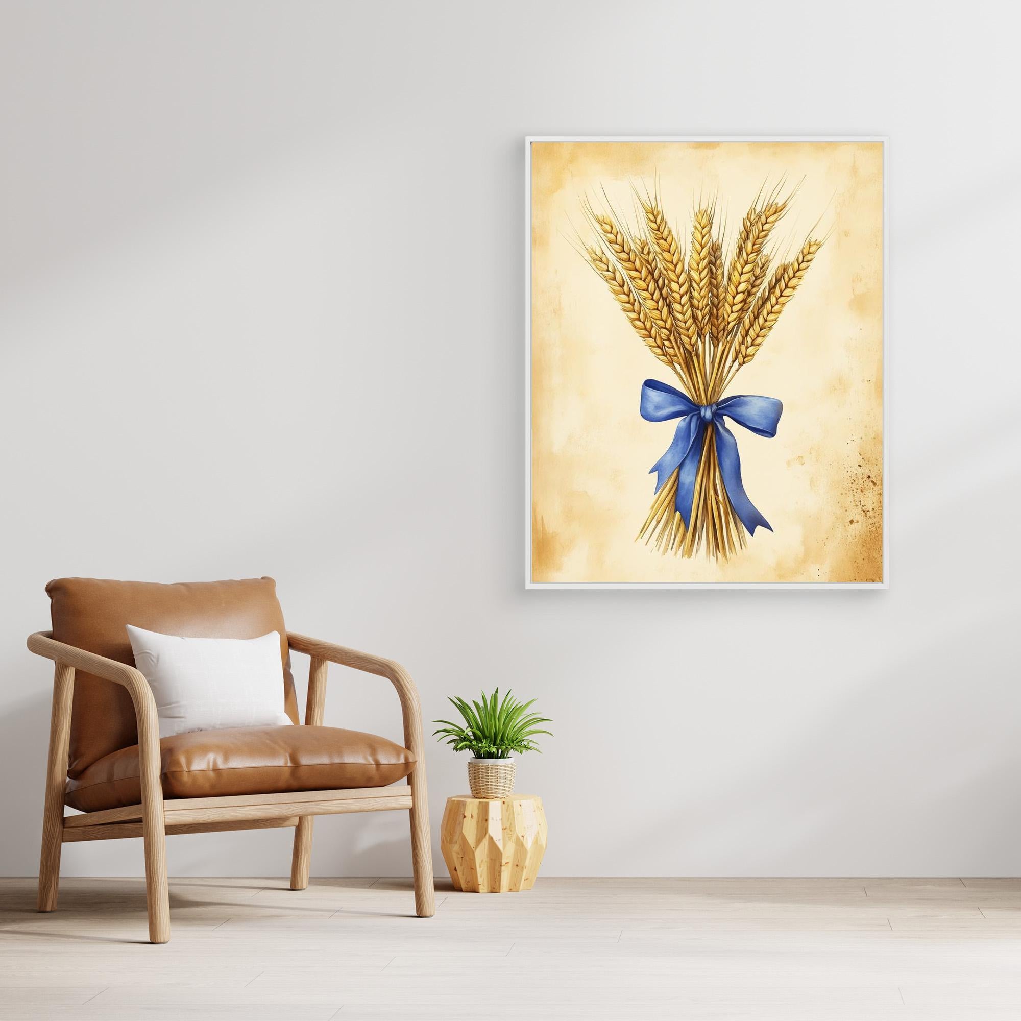 Golden Wheat Stalks Wall Art with Blue Ribbon | Rustic Decor
