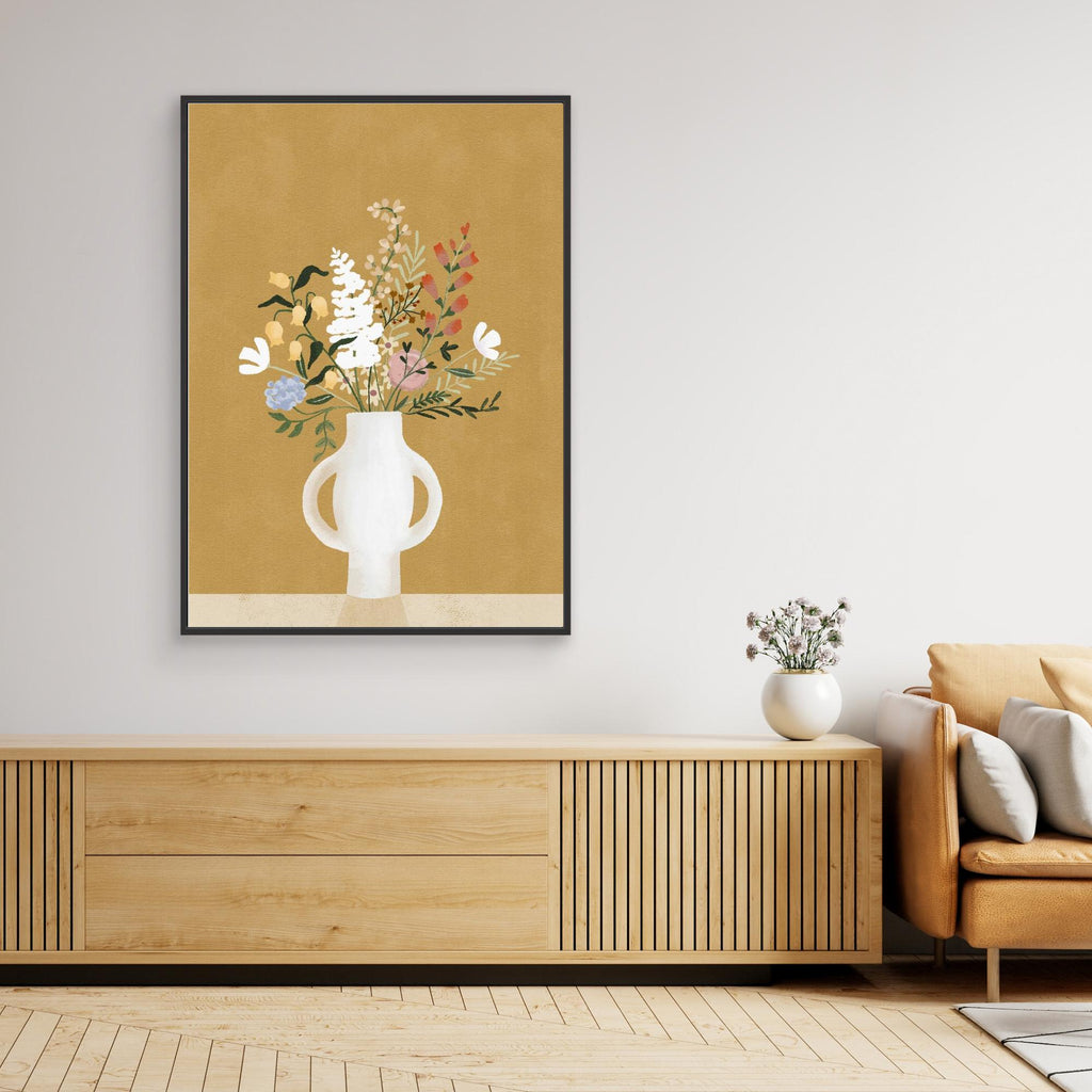 Hallway Wall Art – Mustard Yellow Floral Vase Canvas Print - Framed Pop Art