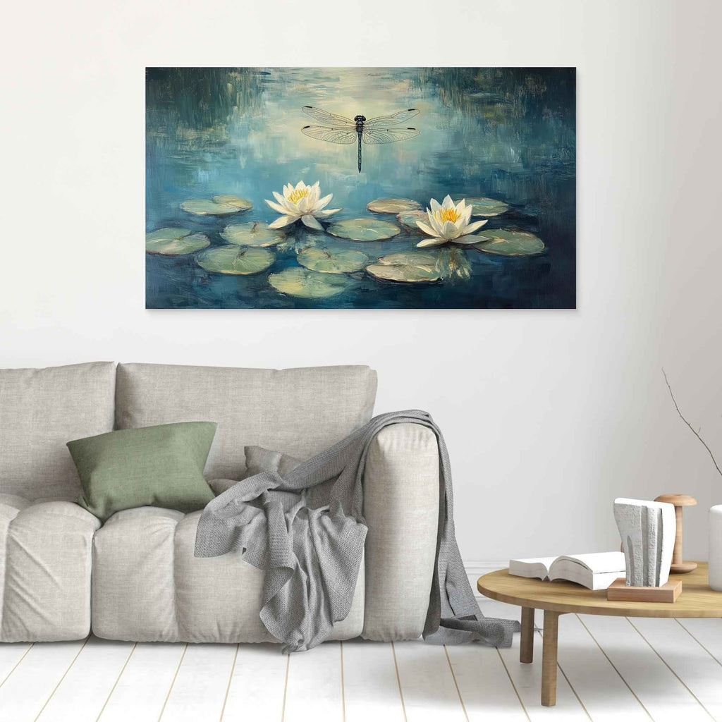 Dragonfly & Water Lily Canvas Art | Zen Bedroom Wall Decor