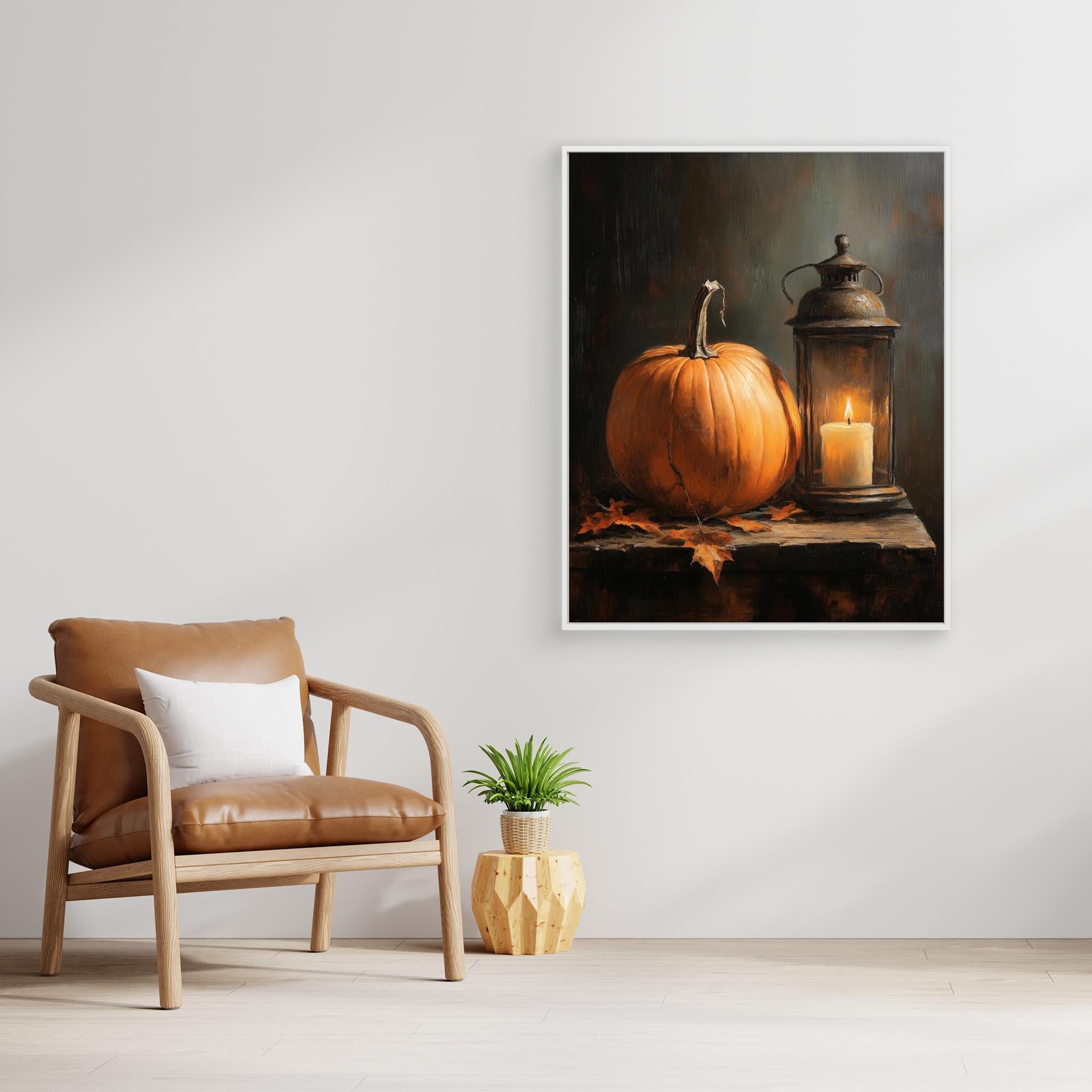 Rustic Autumn Pumpkin & Lantern Canvas Wall Art - Framed Pop Art