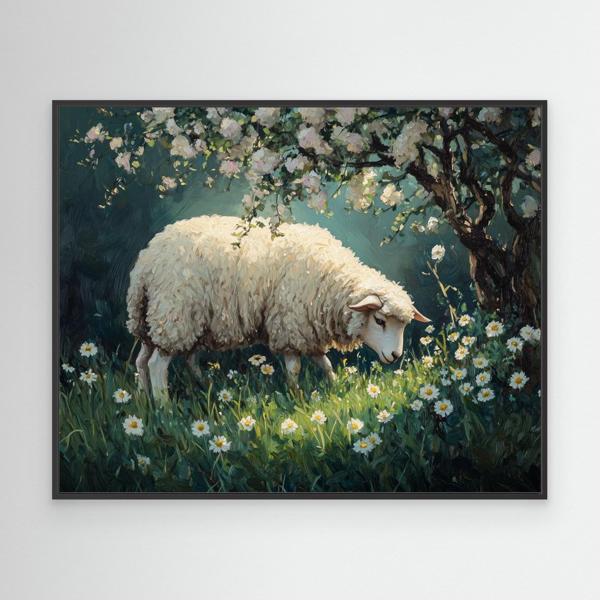 Sheep in Daisy Meadow Oil Painting Style Canvas Print - Framed Pop Art