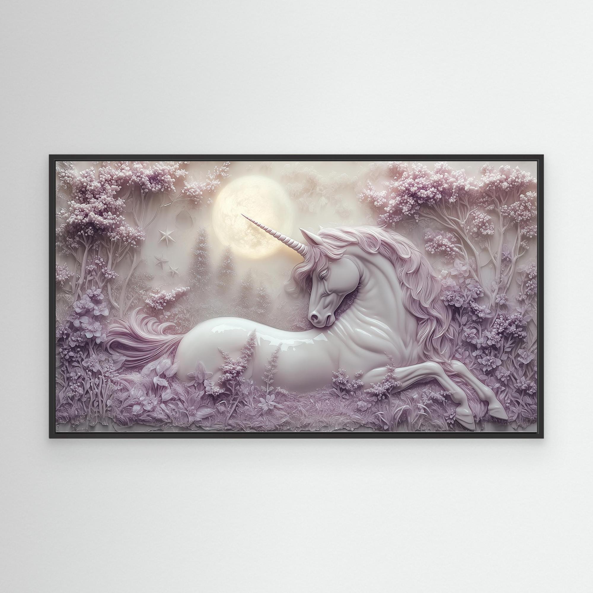 Enchanted Unicorn Moonlit Forest Canvas Wall Art - Framed Pop Art