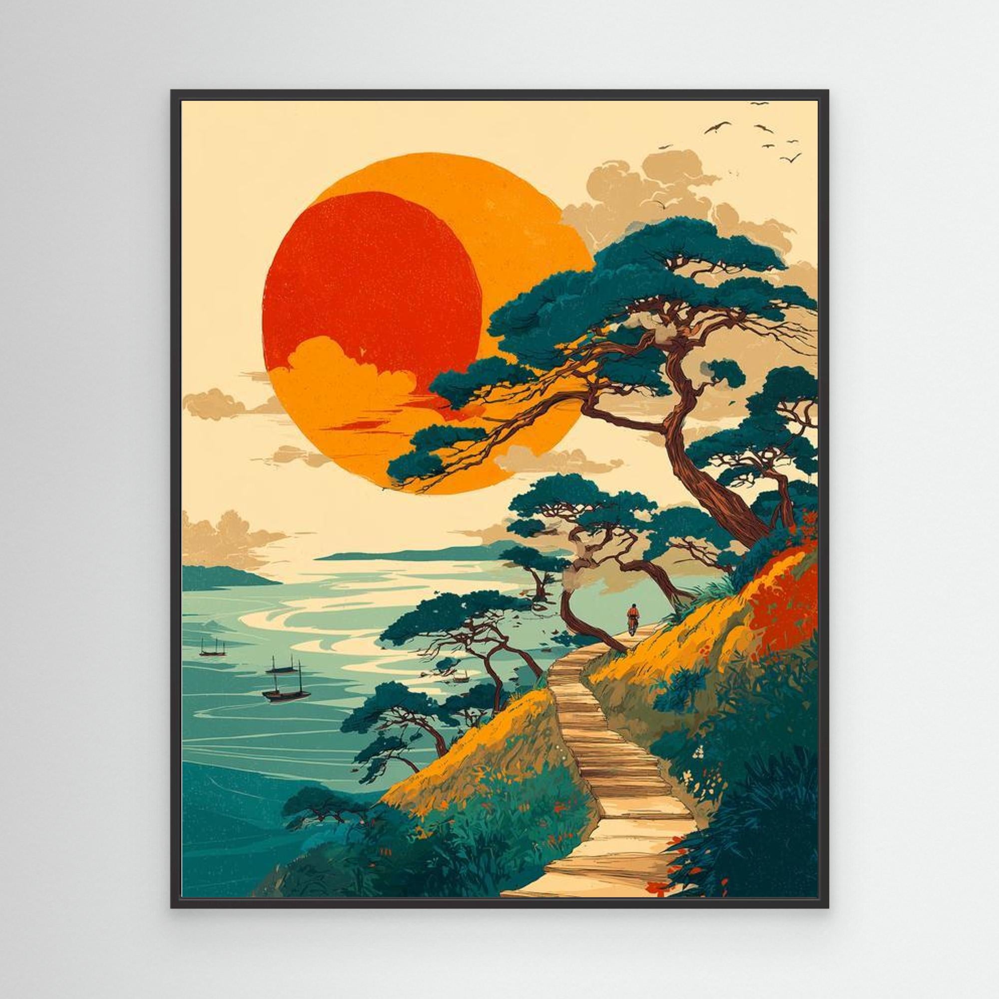 Bold Sunset Coastal Path Landscape Canvas Wall Art Print - Framed Pop Art