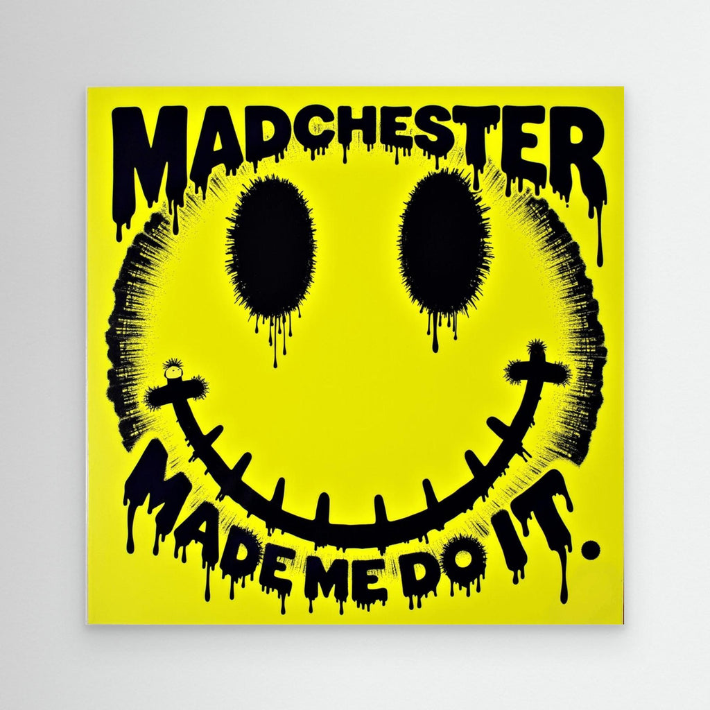 Madchester Made Me Do It | Retro Smiley Face Canvas Wall Art - Framed Pop Art