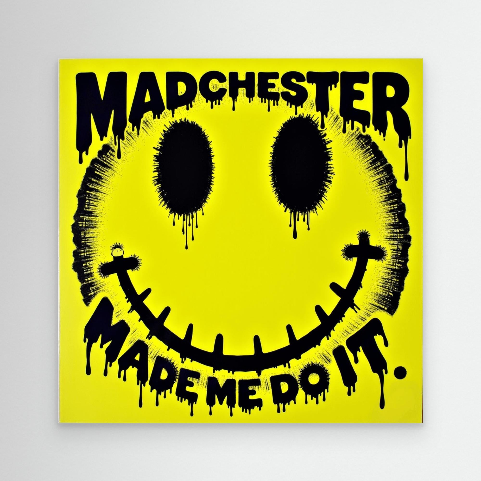Madchester Made Me Do It | Retro Smiley Face Canvas Wall Art - Framed Pop Art
