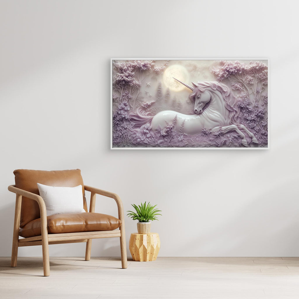 Enchanted Unicorn Moonlit Forest Canvas Wall Art - Framed Pop Art