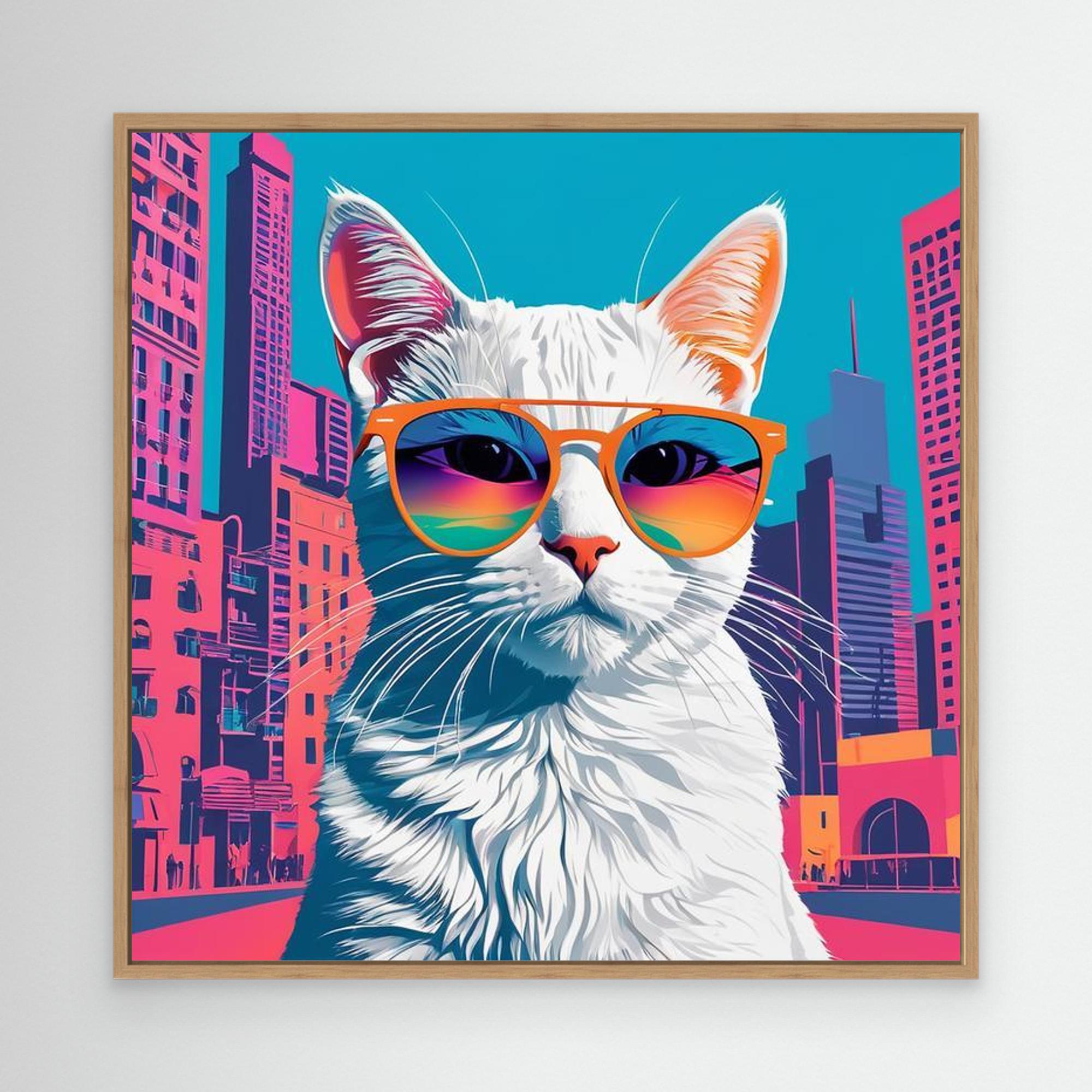 Cool White Cat in Sunglasses City Pop Art Canvas Print - Framed Pop Art