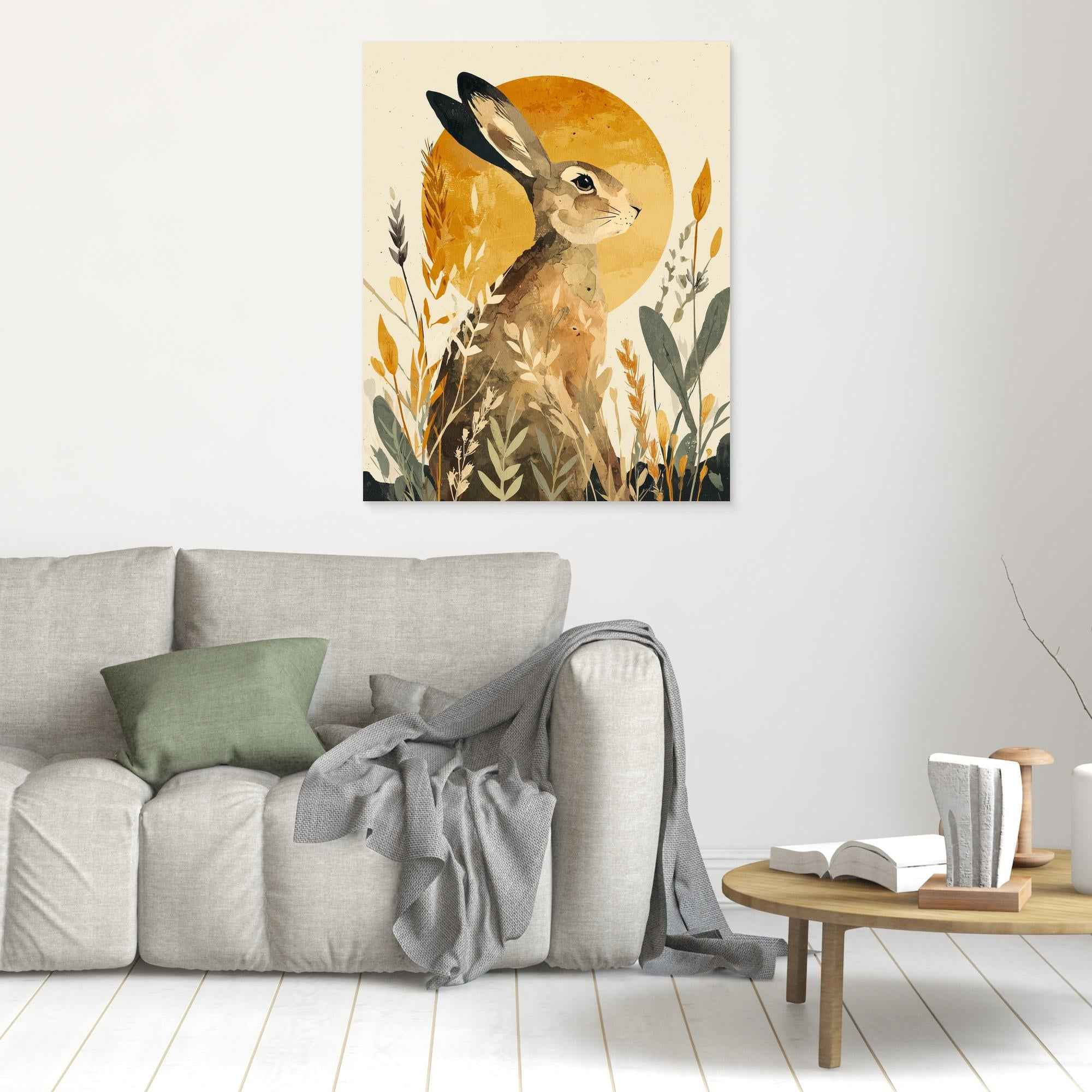 Watercolor Hare Sun Meadow Canvas Print | Nursery - Framed Pop Art