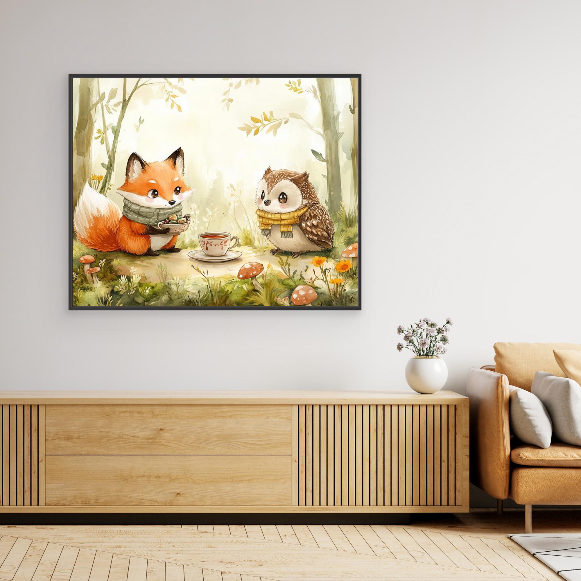 Fox and Owl Tea Party Woodland Wall Art | Nursery Decor - Framed Pop Art