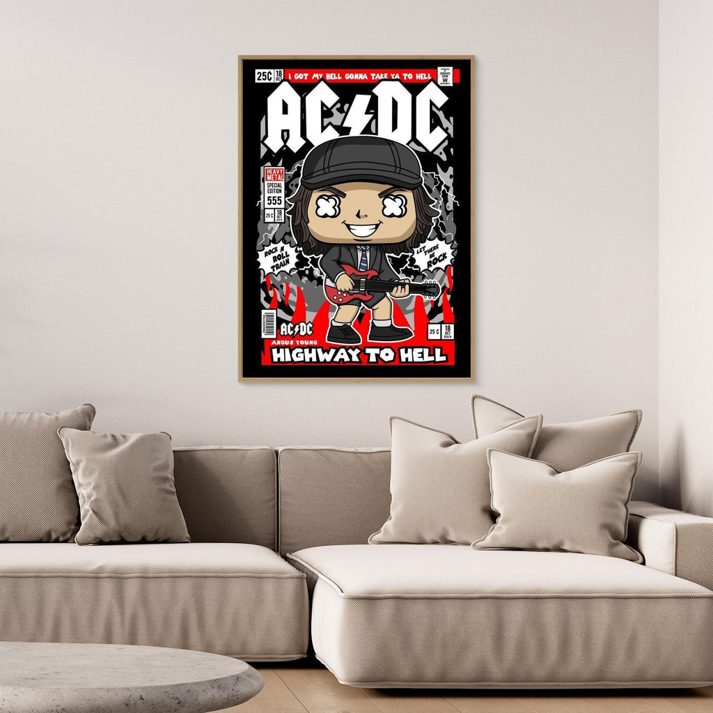 AC/DC Angus Young Comic Style Framed Canvas Art | Rock Decor