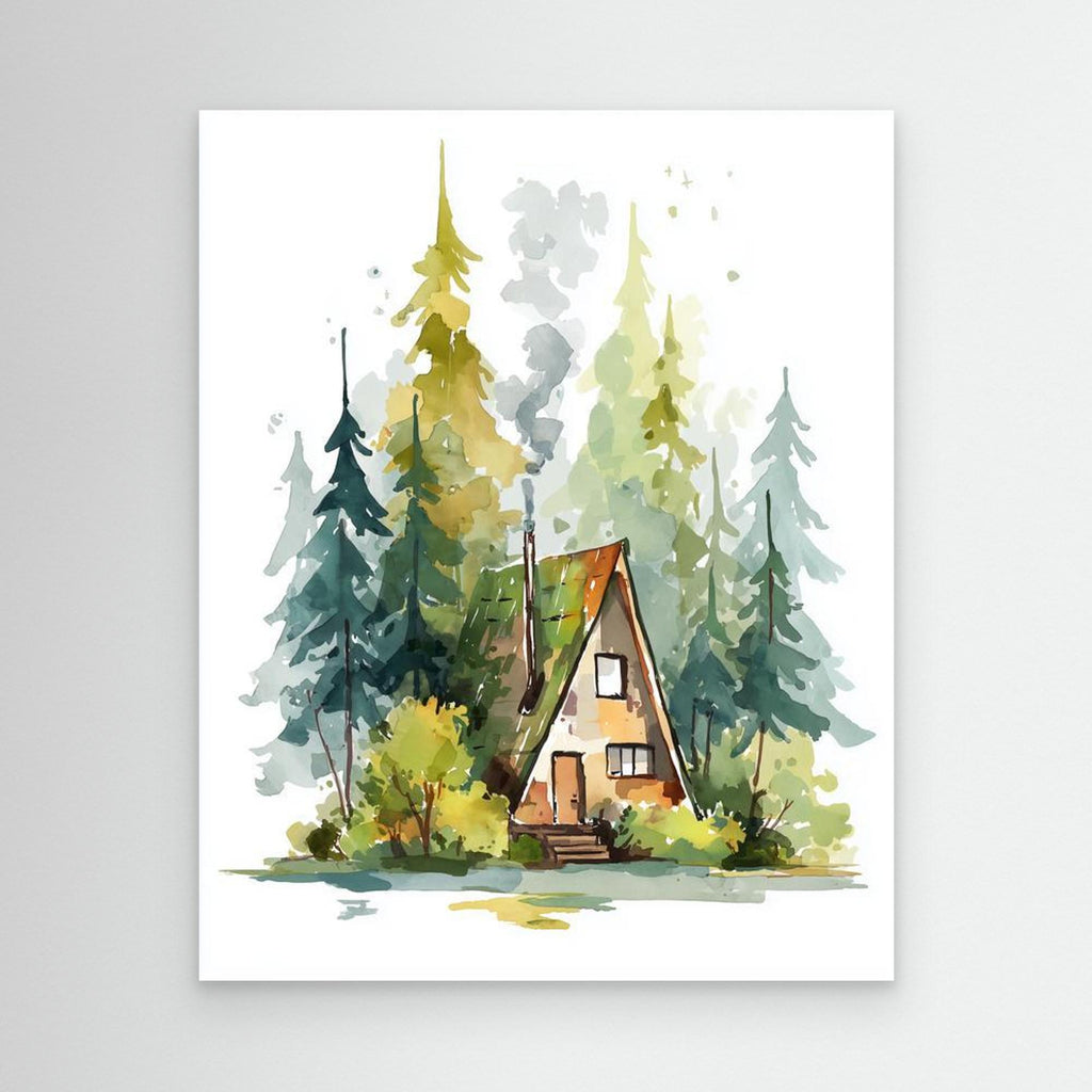 Cozy A-Frame Forest Cabin Watercolour Art | Woodland Nursery - Framed Pop Art