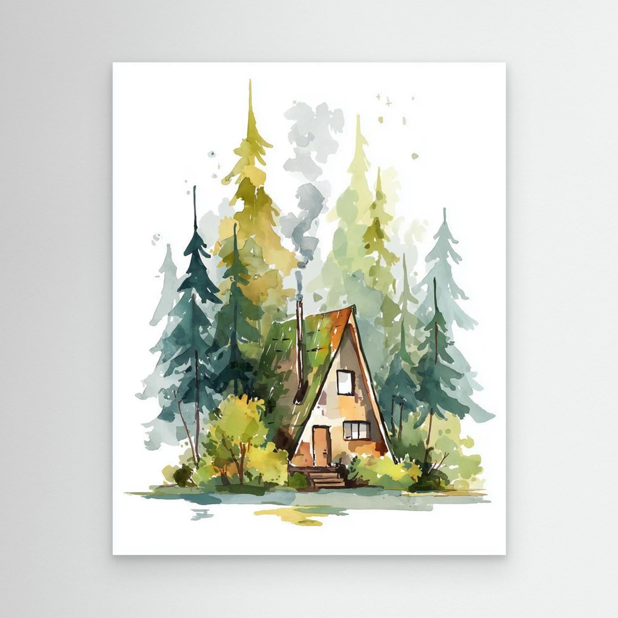 Cozy A-Frame Forest Cabin Watercolour Art | Woodland Nursery - Framed Pop Art