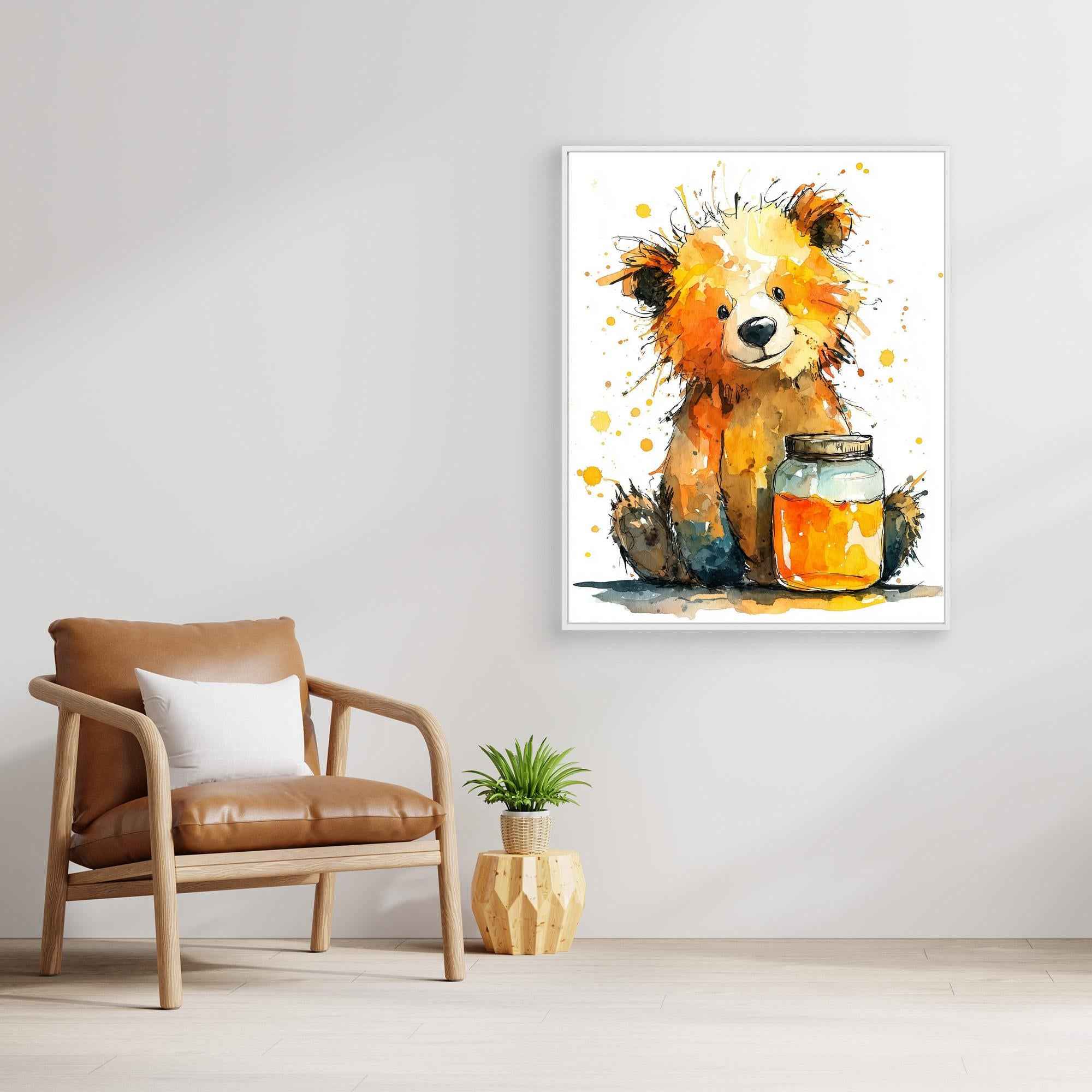 Watercolor Teddy Bear Honey Jar Canvas - Framed Pop Art
