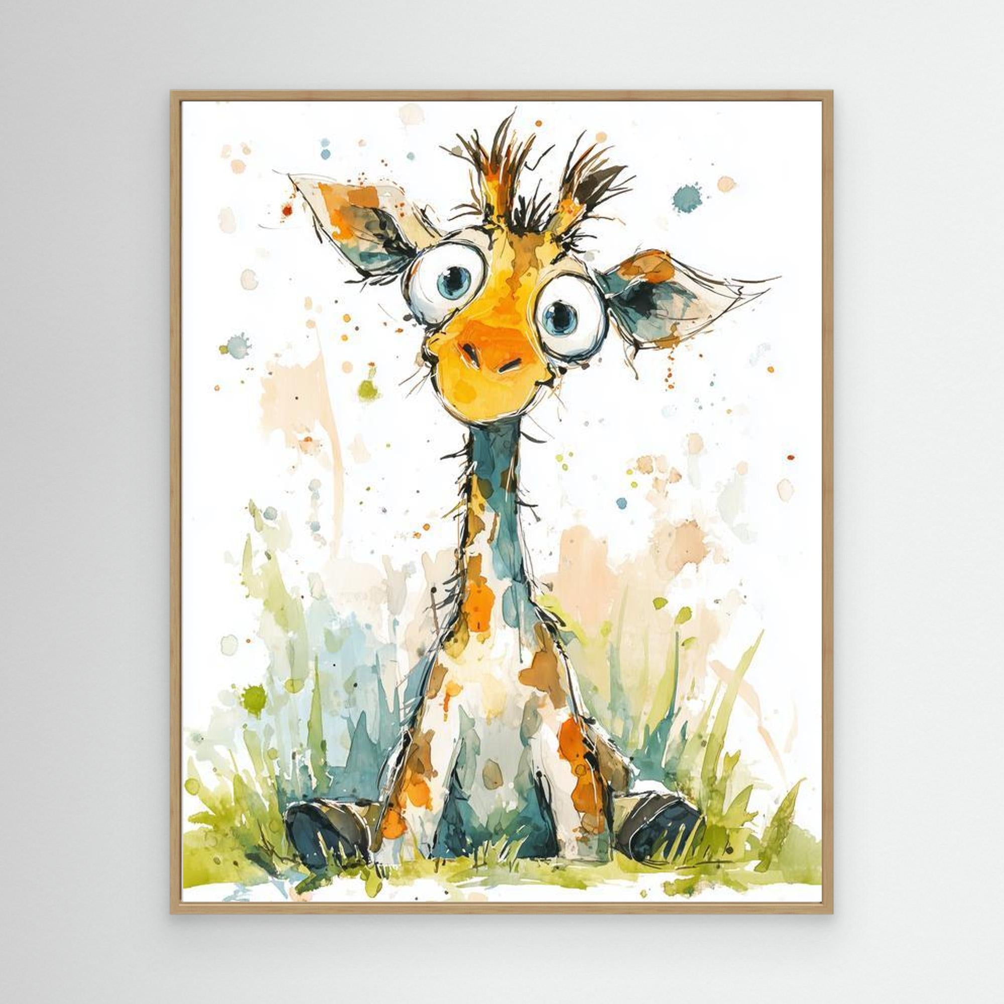 Cute Giraffe Nursery Wall Art | Watercolour Kids Decor - Framed Pop Art
