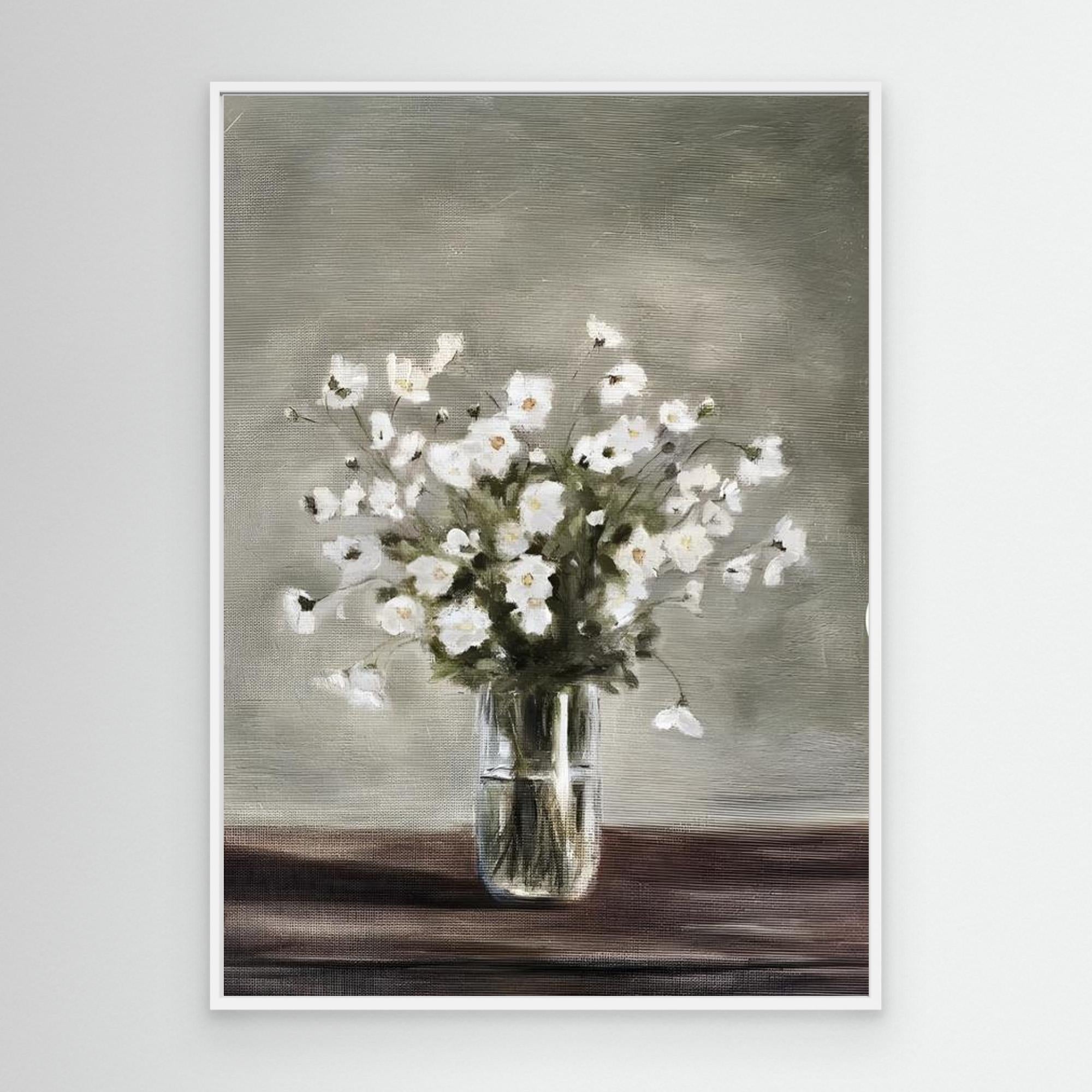 White Floral Still Life Painting | Hallway Wall Art - Framed Pop Art