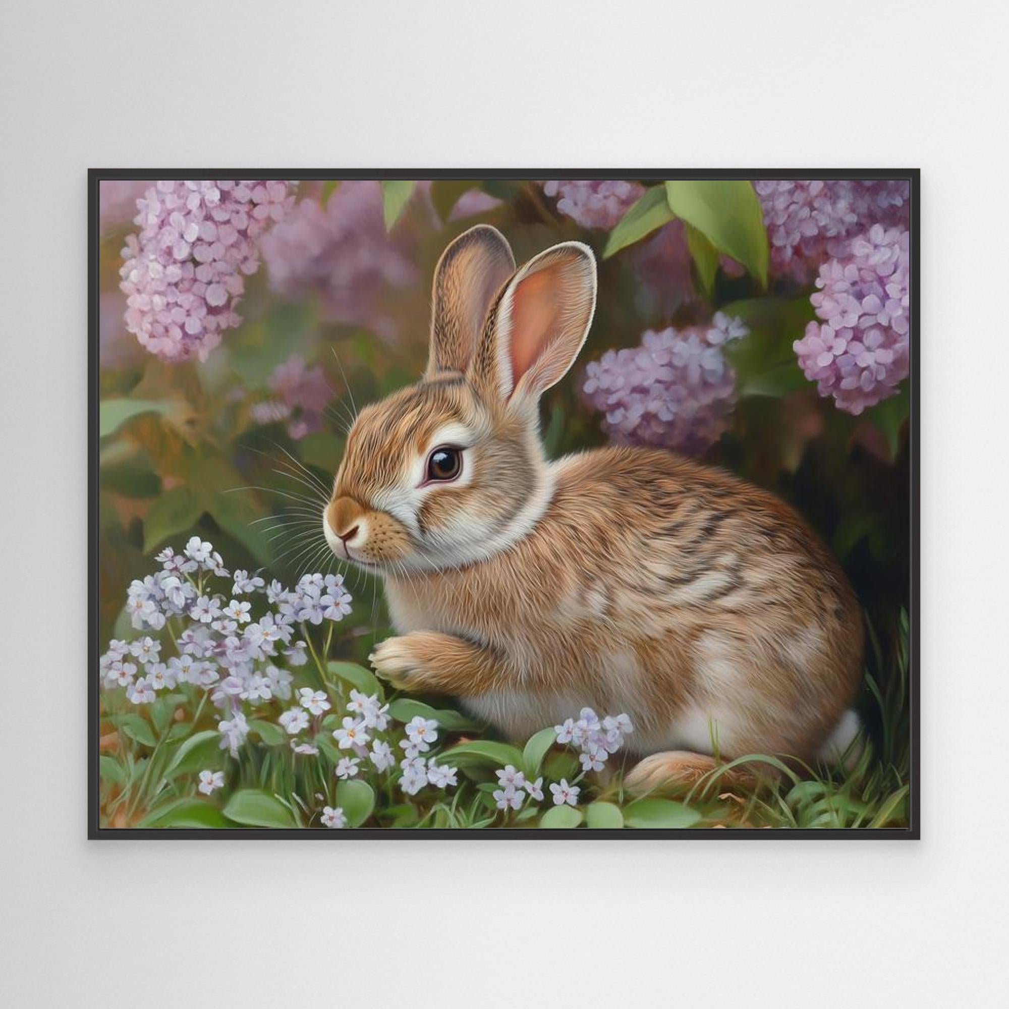 Rabbit in Lilacs Framed Canvas Print | Cute Woodland Wall Art - Framed Pop Art