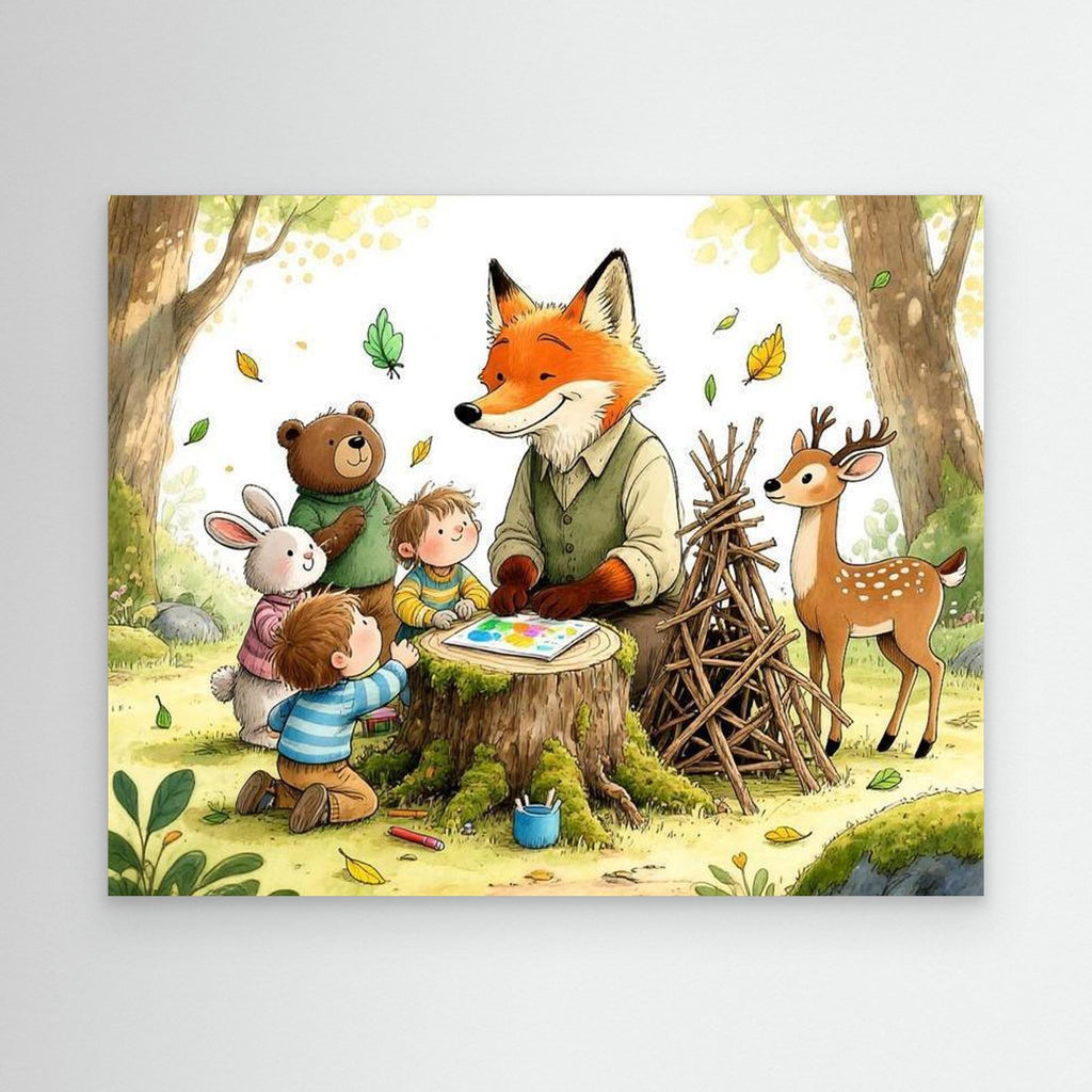 Woodland Classroom Fox Nursery Canvas Wall Art Print - Framed Pop Art
