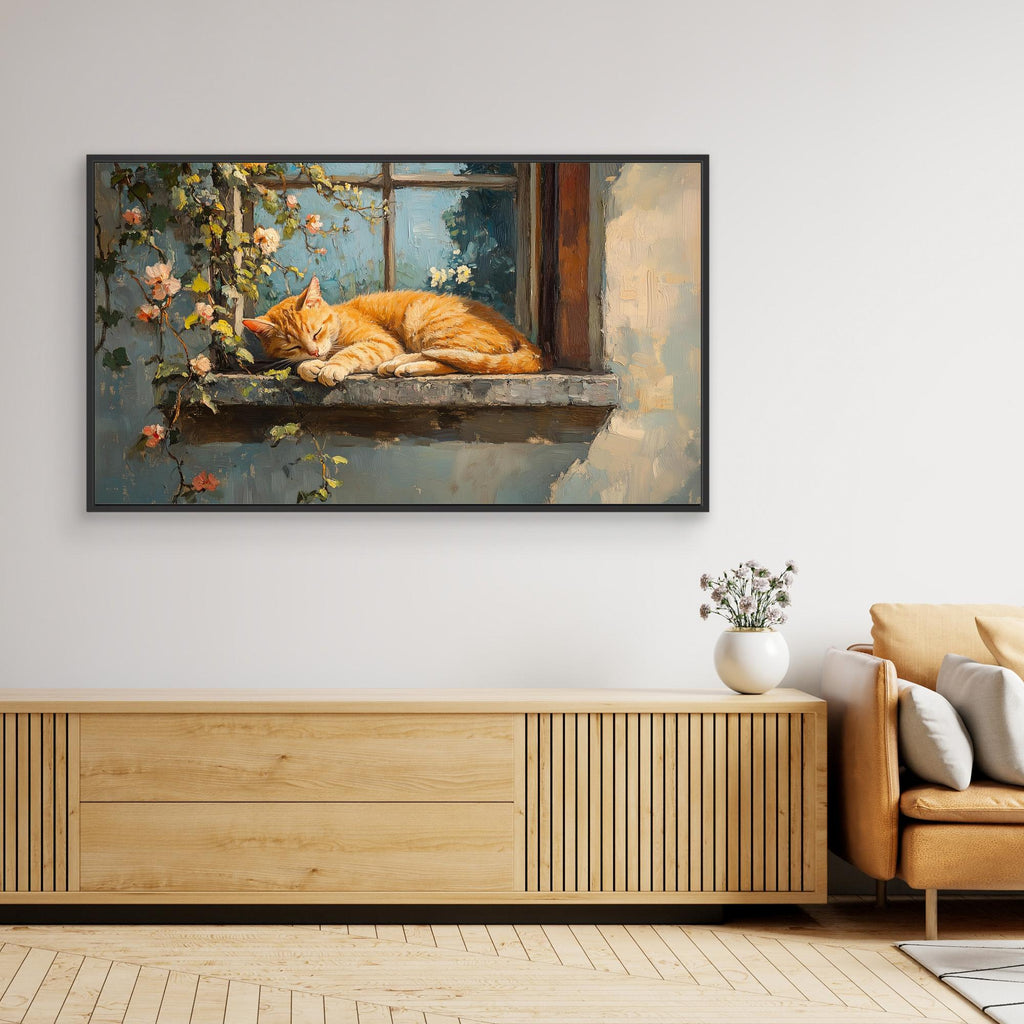 Large Framed Wall Art – Sleeping Ginger Cat Window Scene - Framed Pop Art