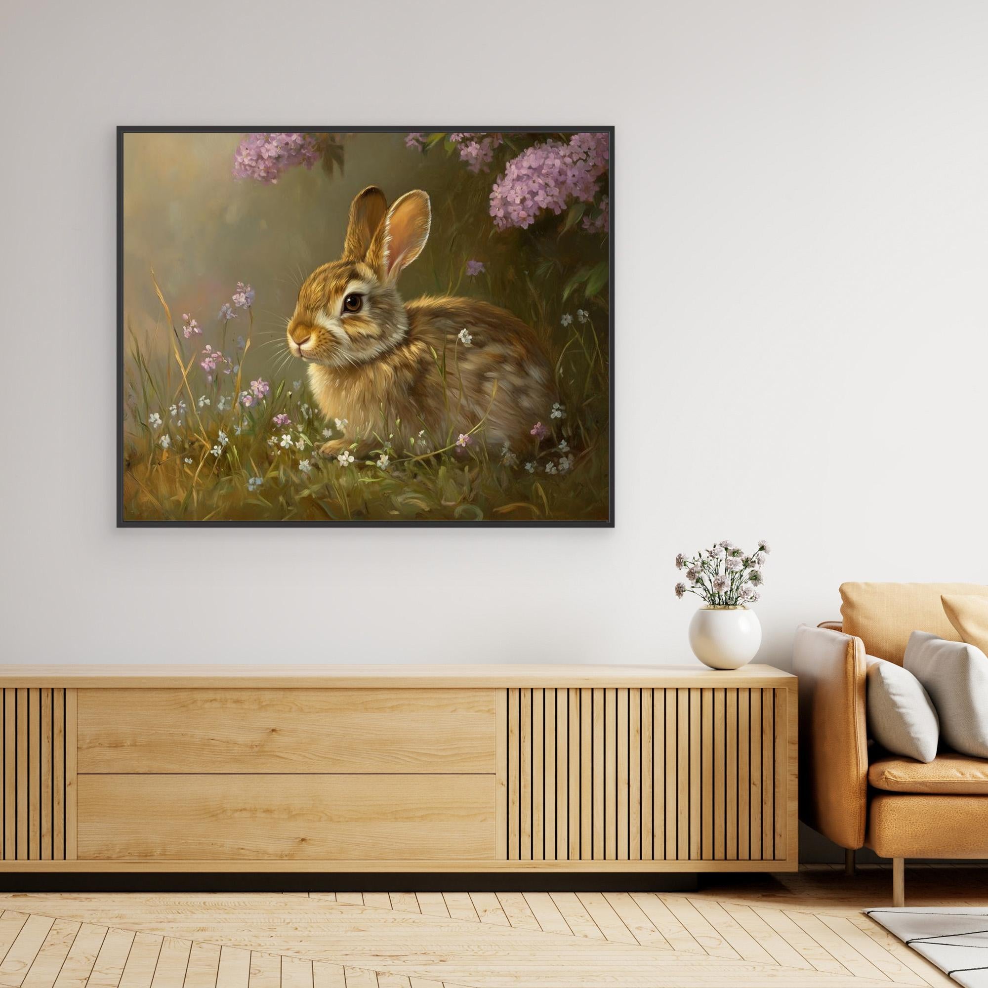 Brown Rabbit & Wildflowers Canvas Wall Art | Country Nursery - Framed Pop Art