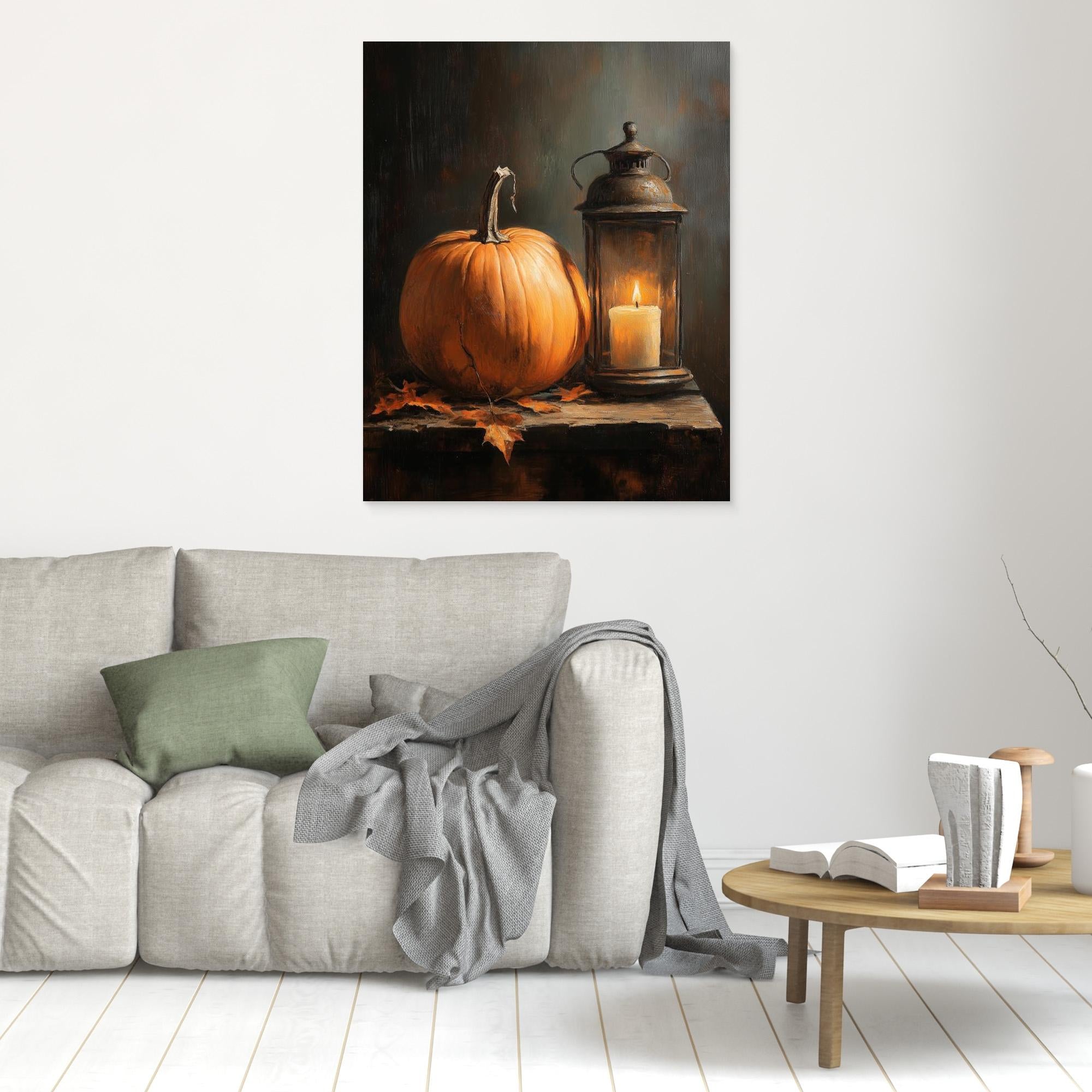 Rustic Autumn Pumpkin & Lantern Canvas Wall Art - Framed Pop Art