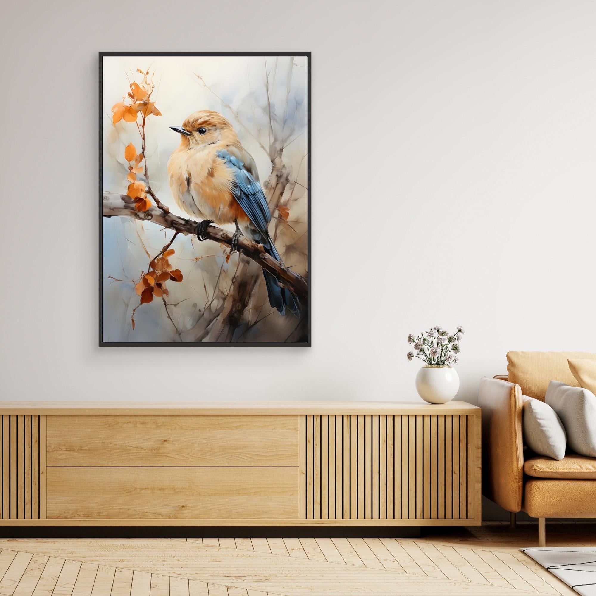 Blue & Orange Bird Canvas Print – Nature Nursery Hallway - Framed Pop Art