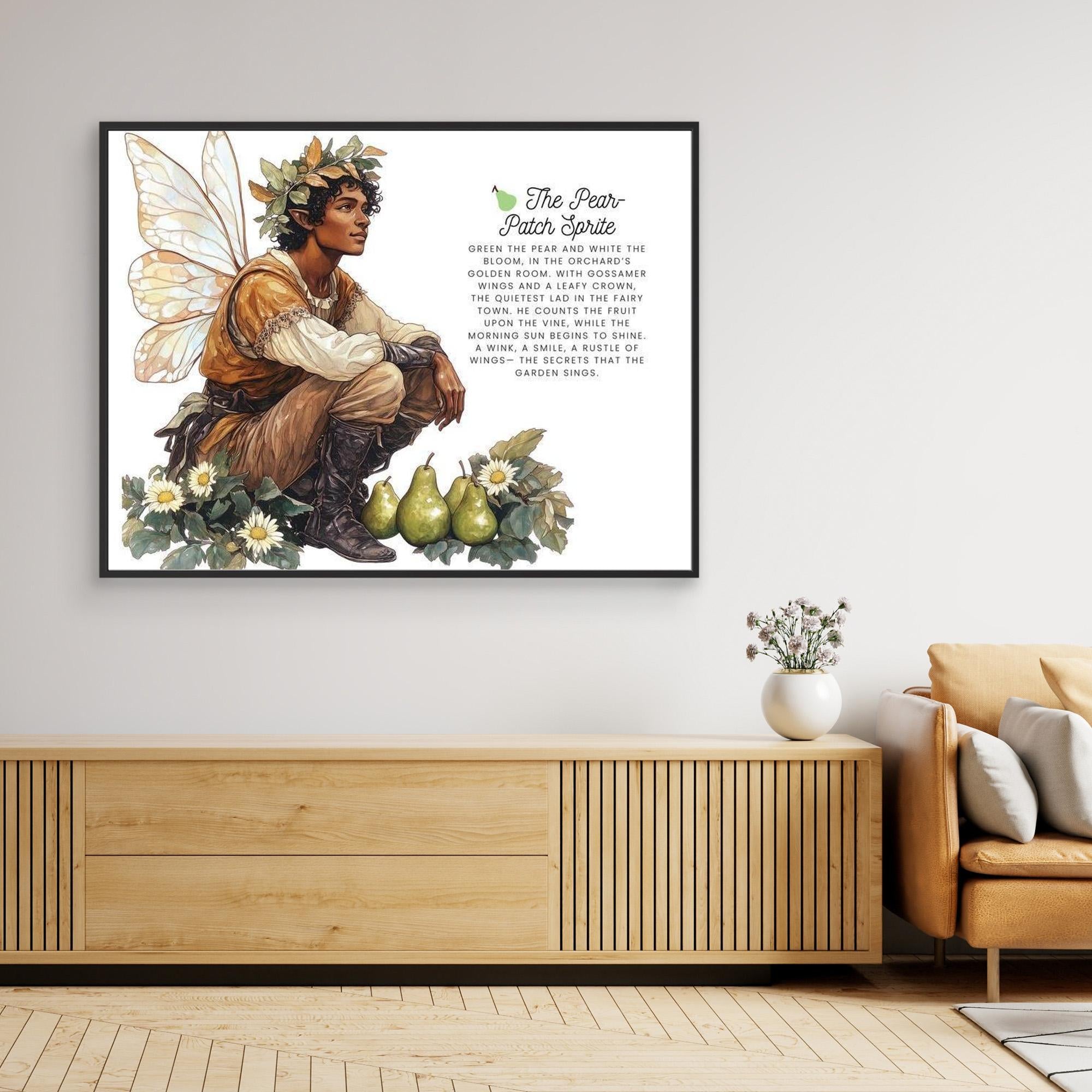 The Pear-Patch Sprite | Whimsical Fairy Canvas Wall Art - Framed Pop Art
