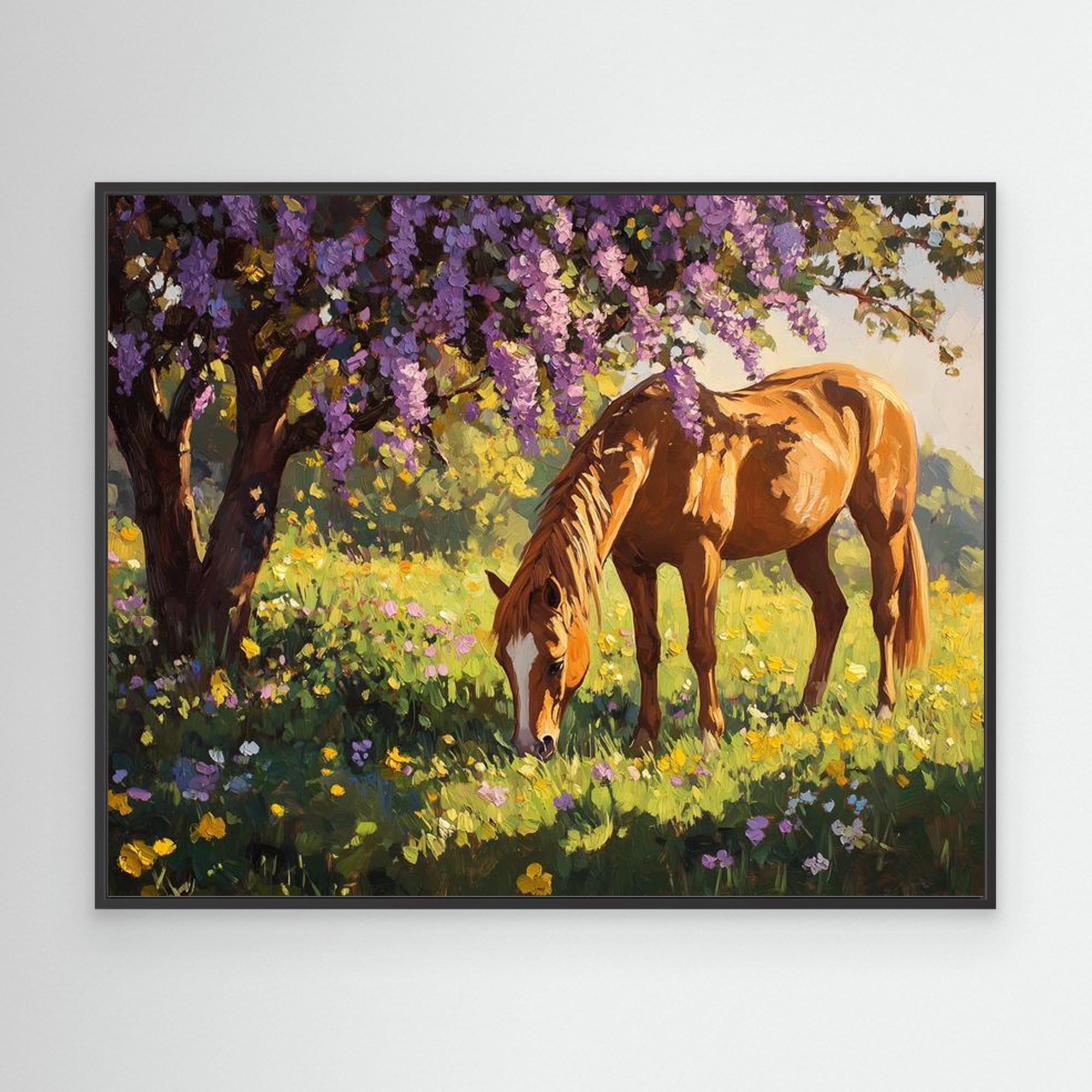 Horse Grazing Under Purple Blossom Canvas Wall Art - Framed Pop Art