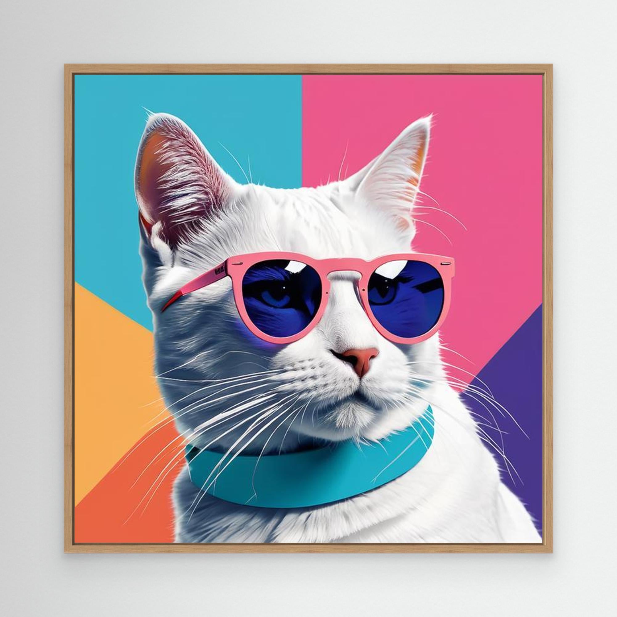 Cool White Cat in Pink Sunglasses Canvas Wall Art - Framed Pop Art