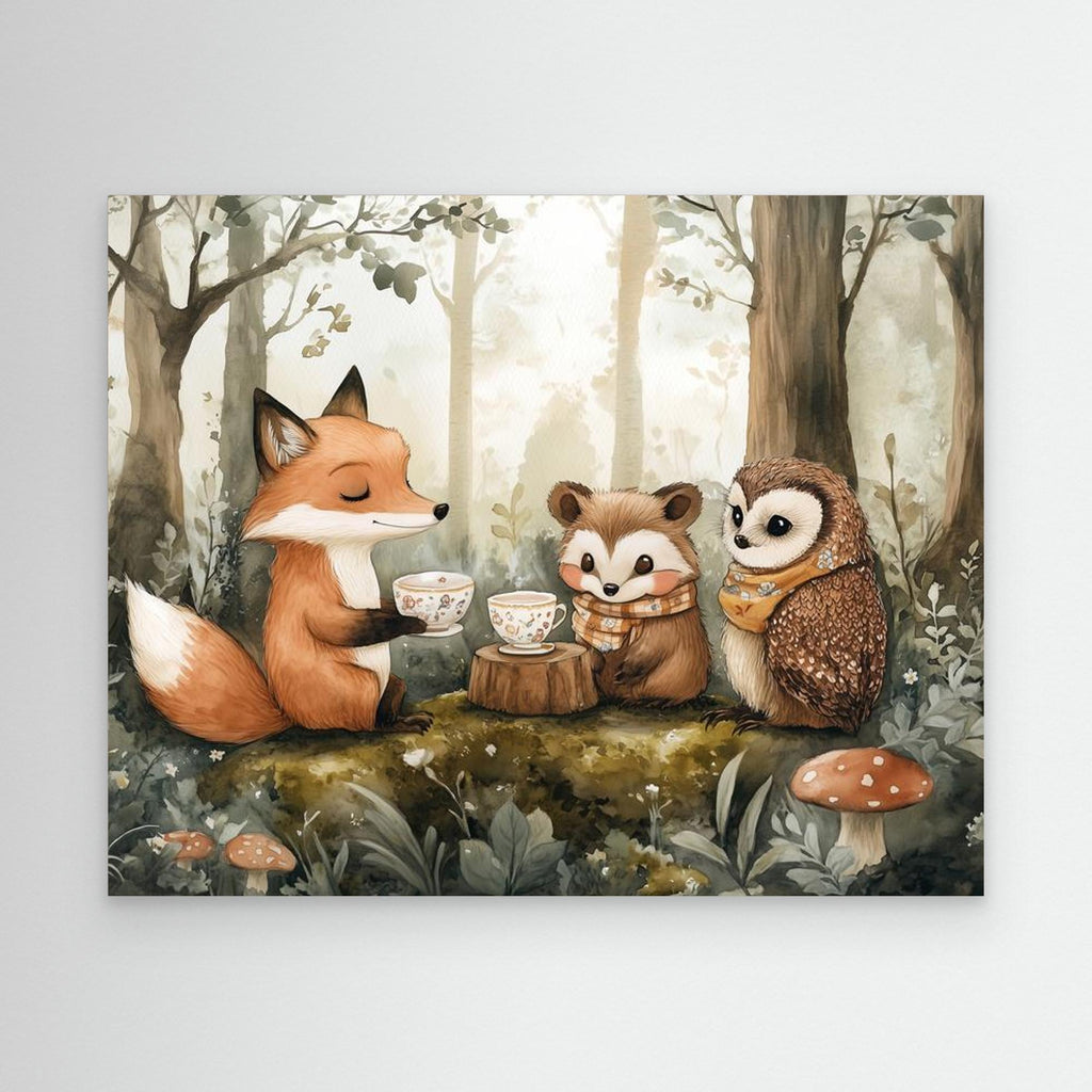 Woodland Friends Tea Party Canvas Wall Art | Nursery Decor - Framed Pop Art