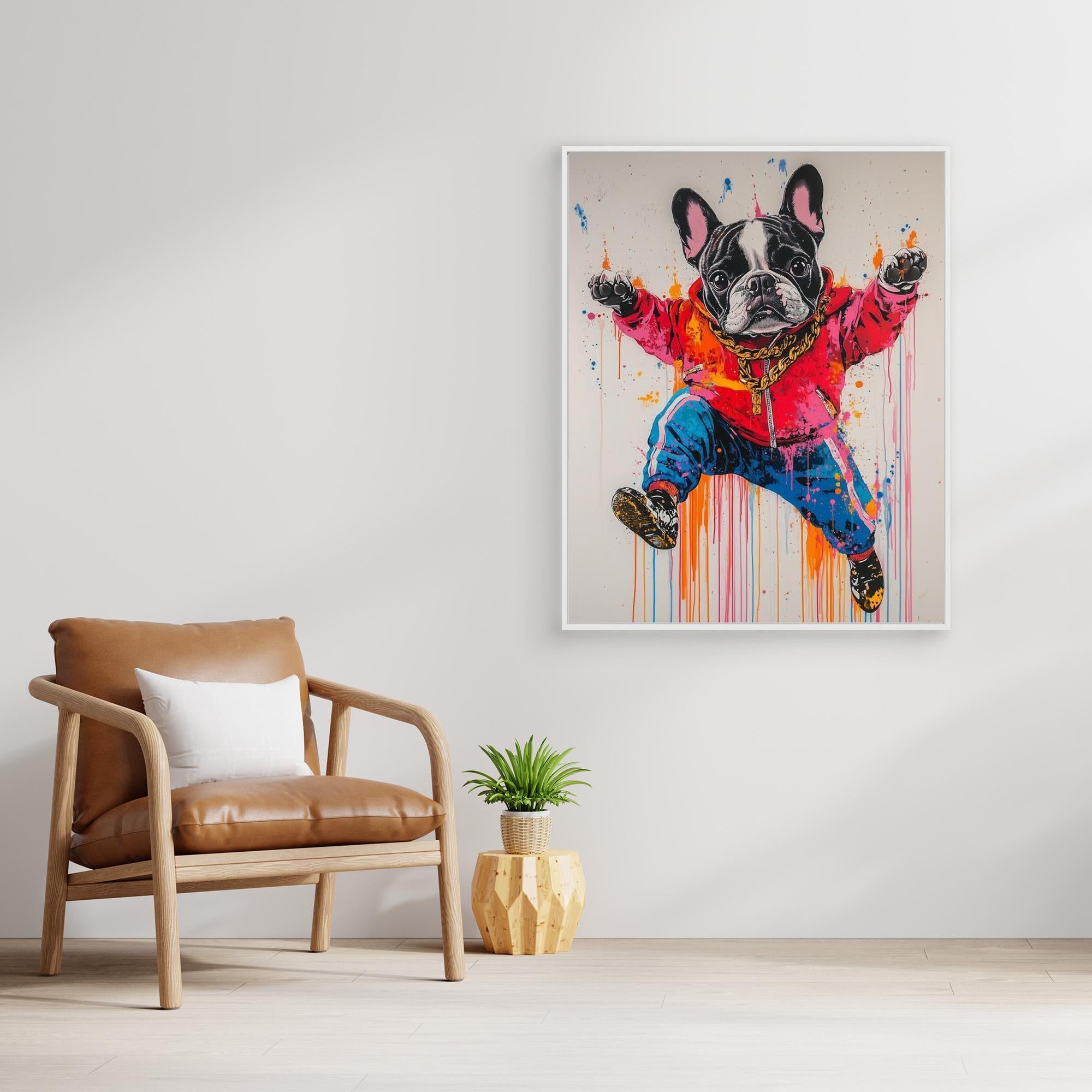 Frenchie Hip Hop Art - Canvas Wall Decor | Urban Dog Print - Framed Pop Art